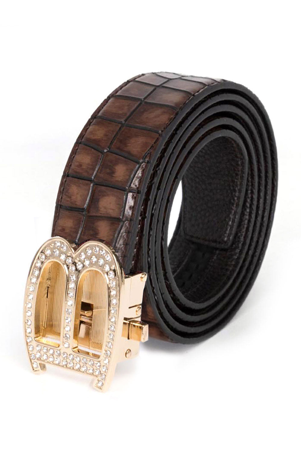 Barabas Men's Rhinestone B Letter Gold Buckle Leather Belt BK810