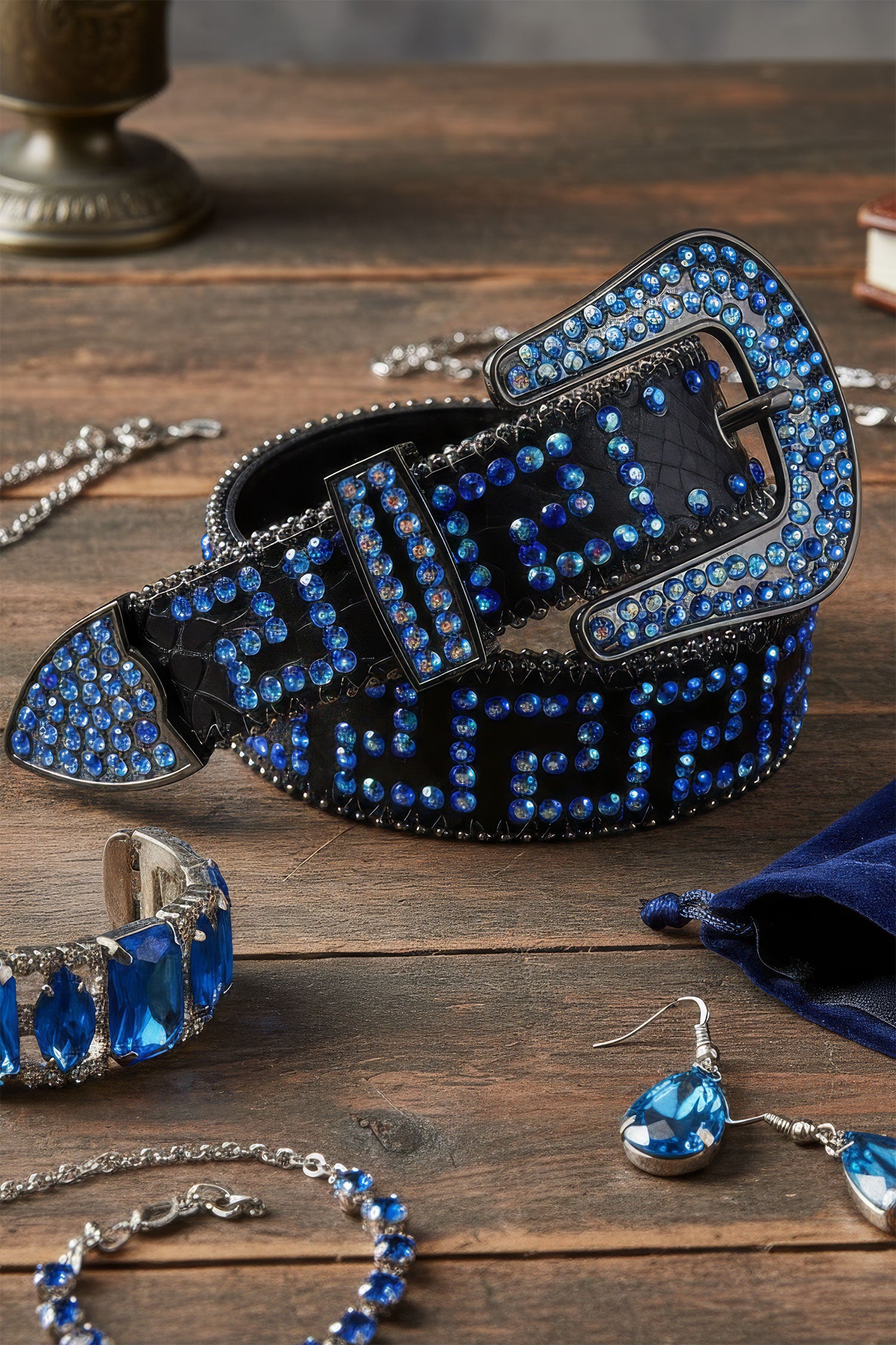 Barabas Men's Greek Key Pattern Rhinestone Leather Belt BK818 Black Royal