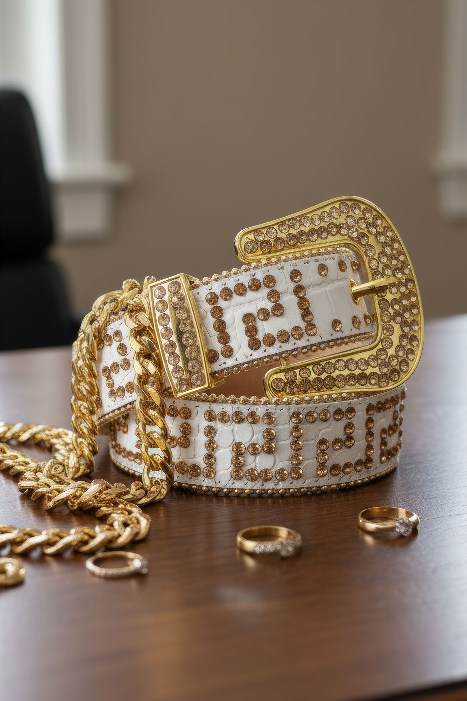 Barabas Men's Greek Key Pattern Rhinestone Leather Belt BK818 White Gold