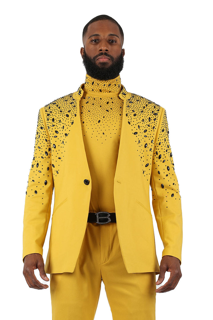 BARABAS Men's Luxury Rhinestone Lapel Collar Designer Blazer BL3080 Mustard and Black