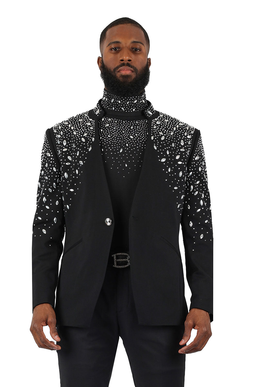BARABAS Men's Luxury Rhinestone Lapel Collar Designer Blazer BL3080 Black Silver
