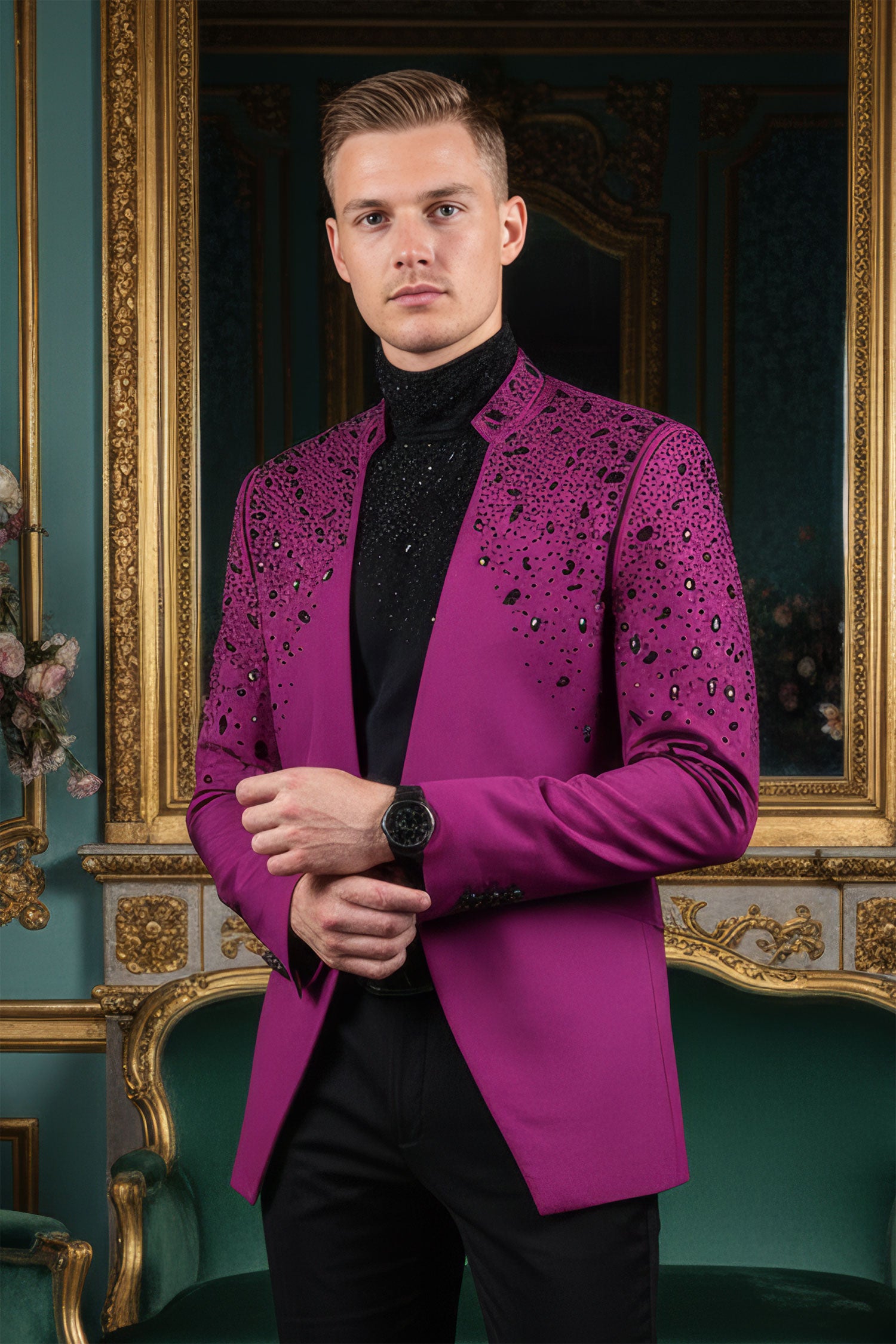 BARABAS Men's Luxury Rhinestone Lapel Collar Designer Blazer BL3080 Purple