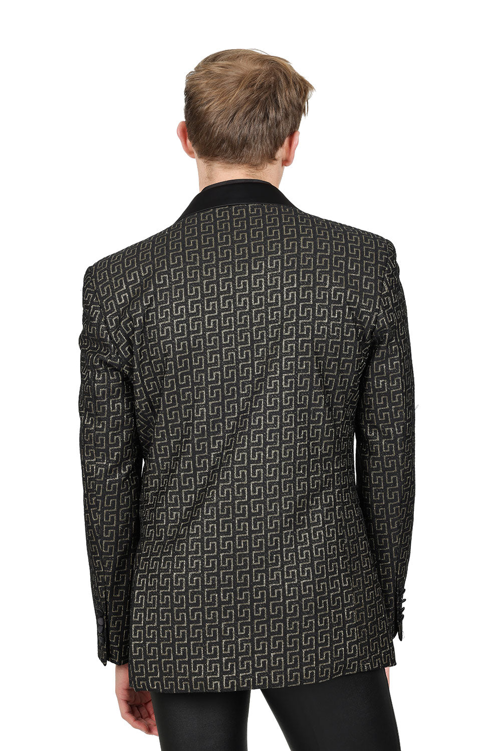 BARABAS Mens Rhinestone Greek key Pattern Design Luxury Blazer BL3087 Black Gold