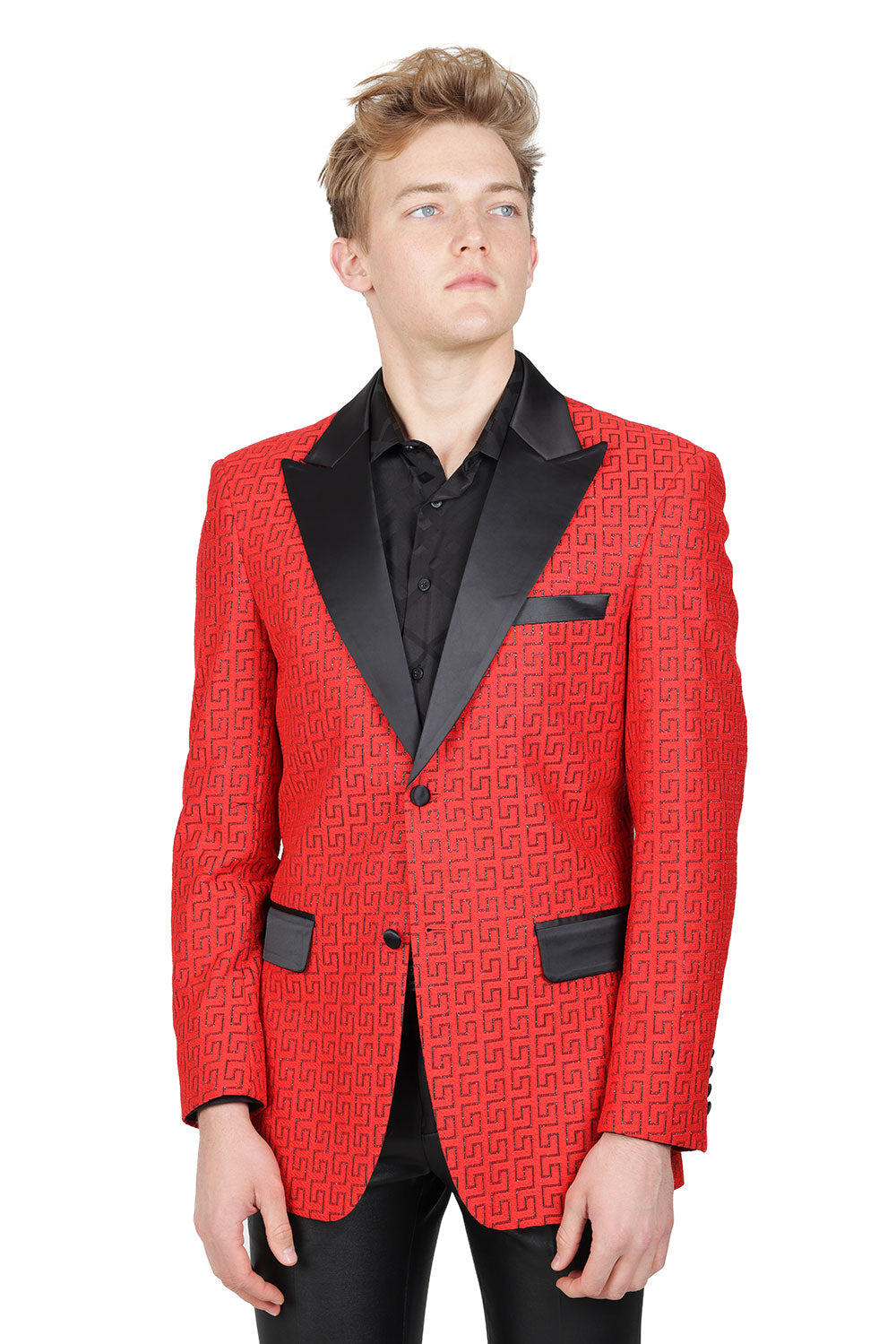 BARABAS Mens Rhinestone Greek key Pattern Design Luxury Blazer BL3087 Red Black