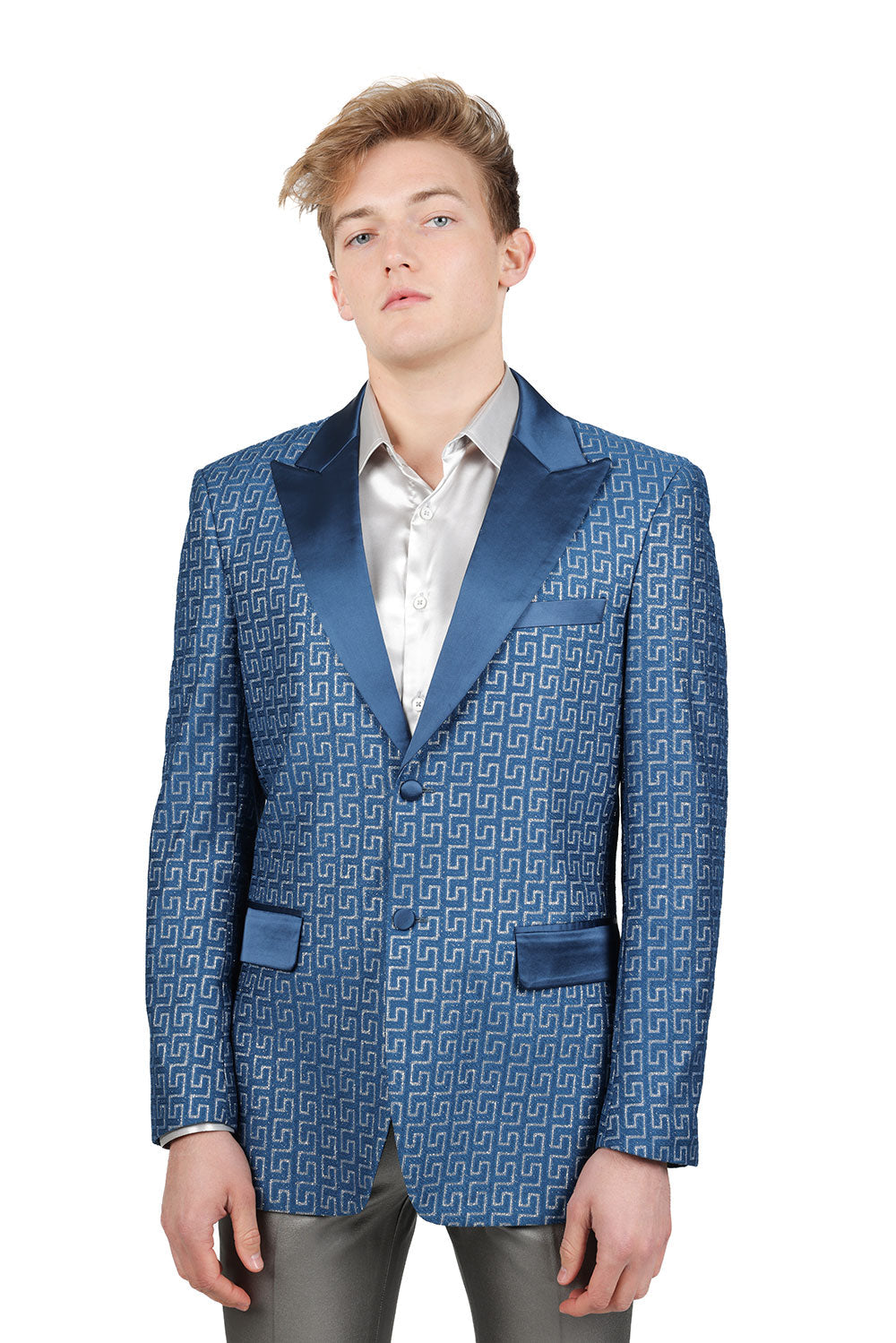 BARABAS Mens Rhinestone Greek key Pattern Design Luxury Blazer BL3087 Teal Silver