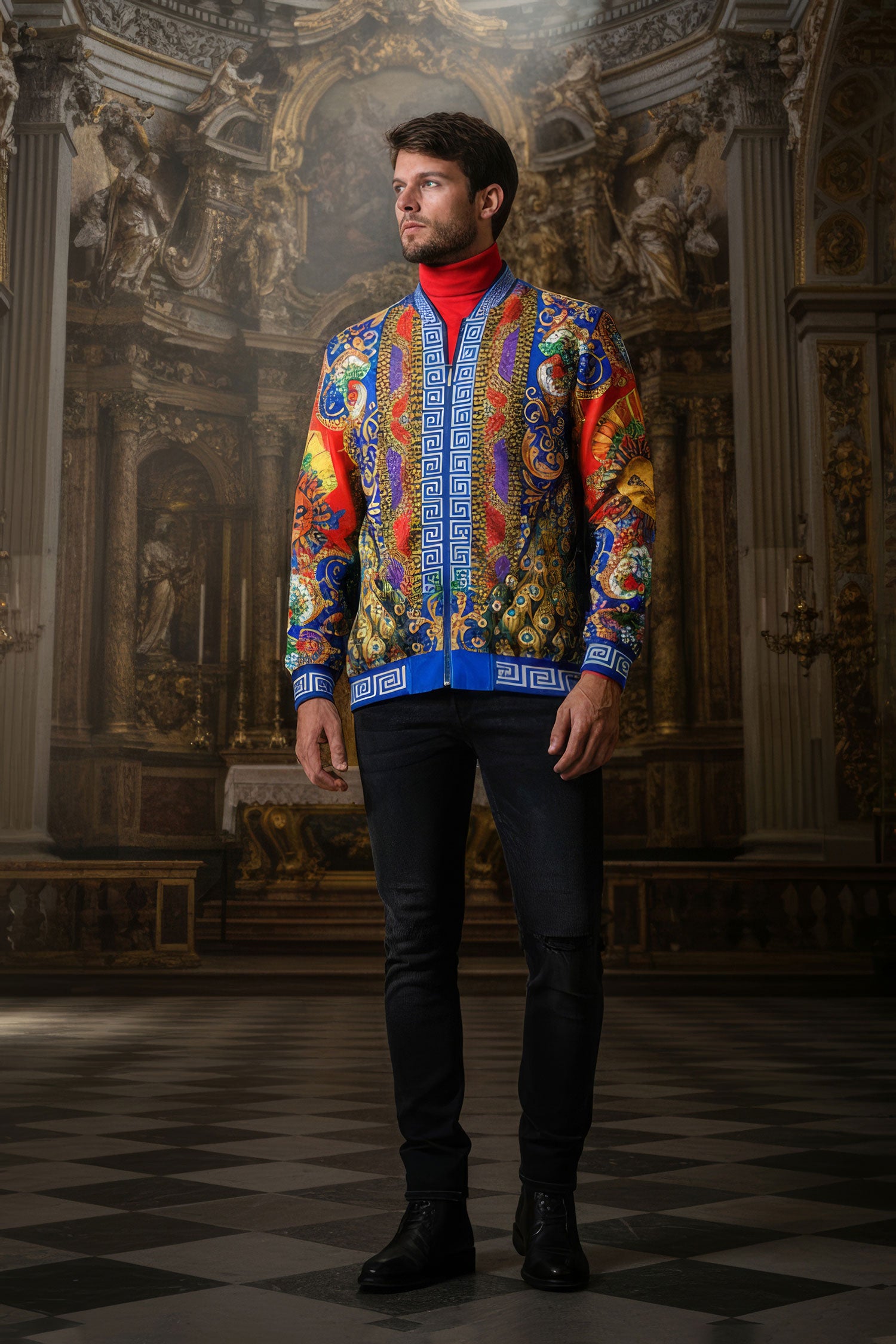 BARABAS Men's Sun Floral Print Greek key pattern Bomber Jacket BP20 Royal