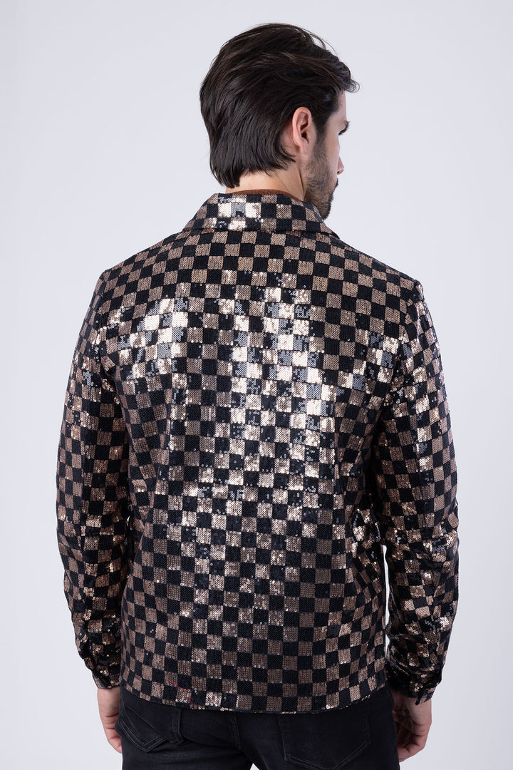 BARABAS Men's Chess Sequin Luxury Zipper Closure Bomber Jacket 2BP23 Gold Black