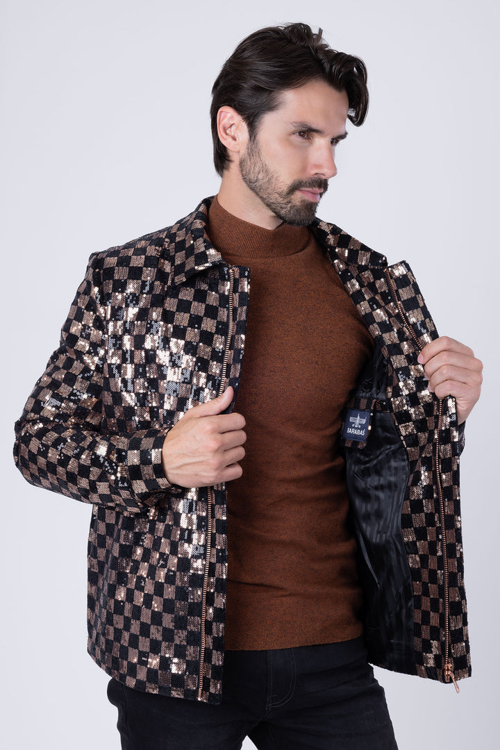 BARABAS Men's Chess Sequin Luxury Zipper Closure Bomber Jacket 2BP23 Gold Black