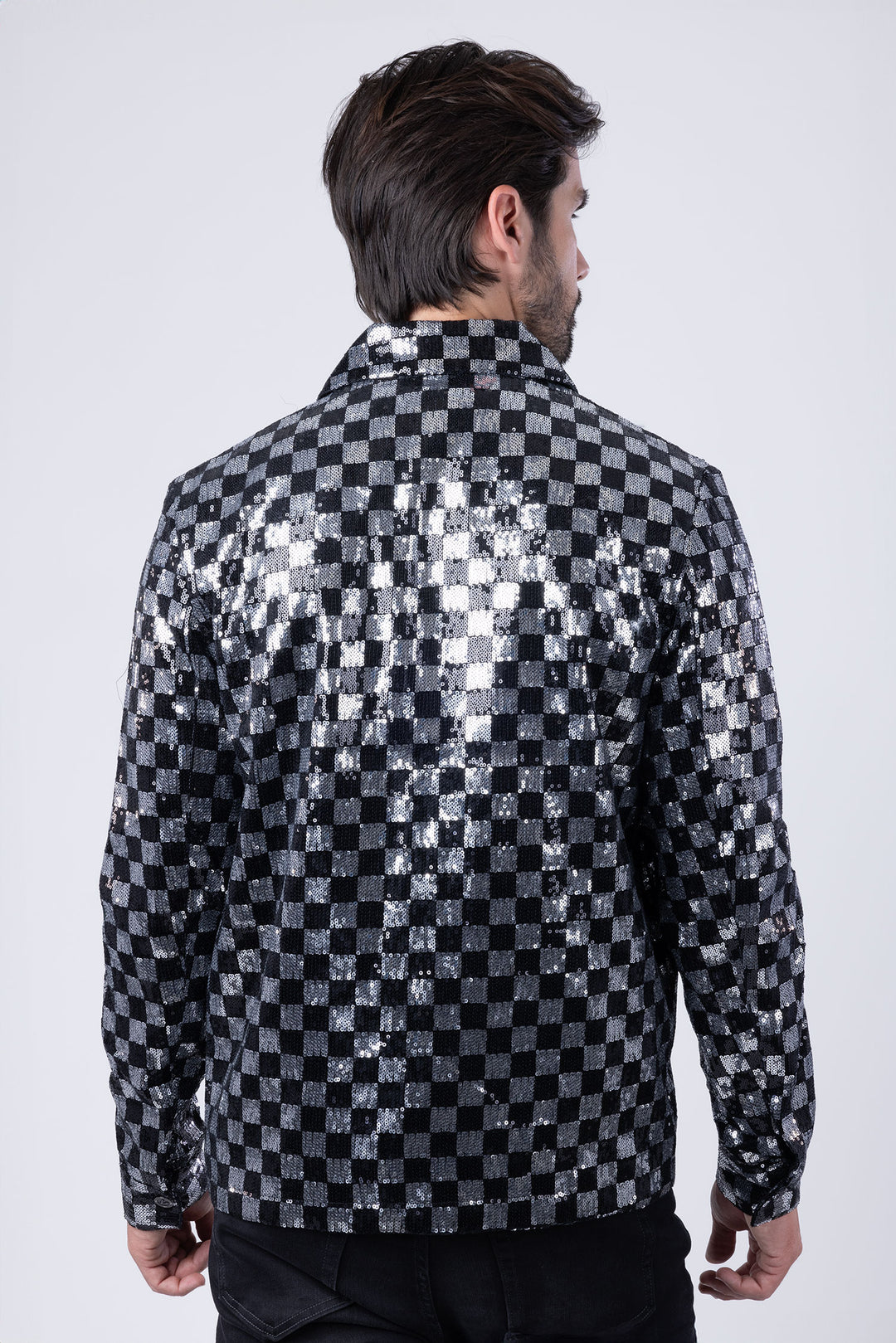 BARABAS Men's Chess Sequin Luxury Zipper Closure Bomber Jacket 2BP23 Silver Black