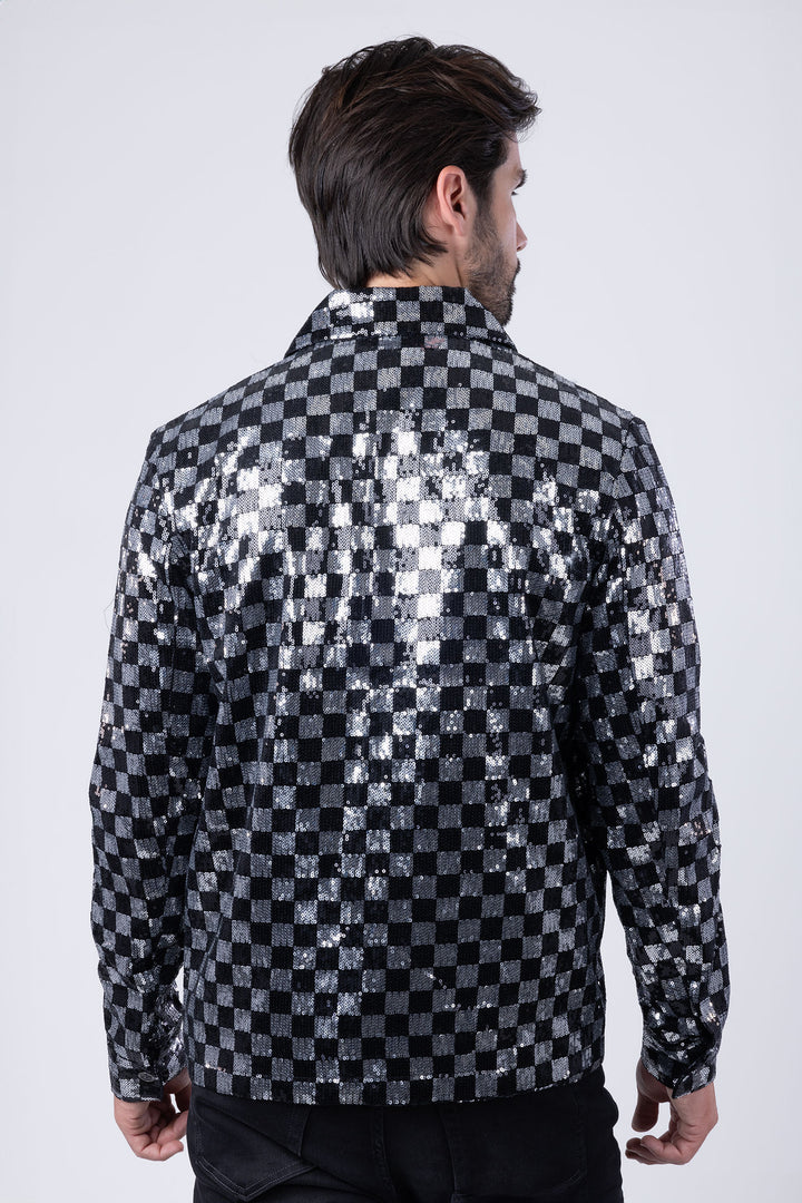 BARABAS Men's Chess Sequin Luxury Zipper Closure Bomber Jacket 2BP23 Silver Black