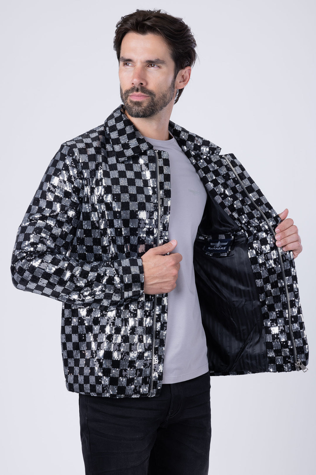 BARABAS Men's Chess Sequin Luxury Zipper Closure Bomber Jacket 2BP23 Silver Black