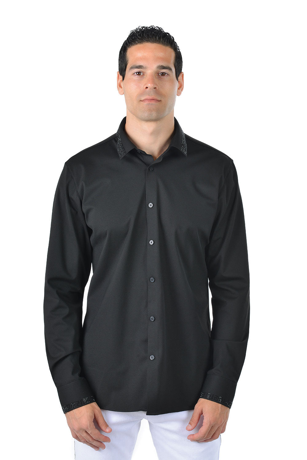 Barabas Men's Greek Key Baroque Button Down Long Sleeves Shirts BR100 Black