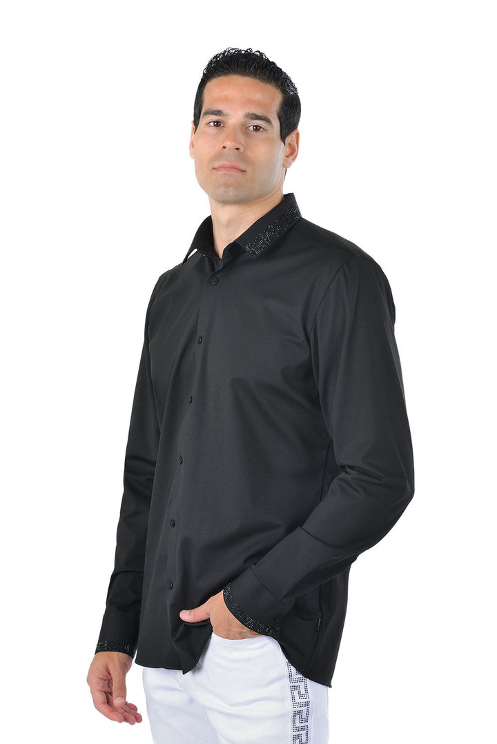 Barabas Men's Greek Key Baroque Button Down Long Sleeves Shirts BR100 Black