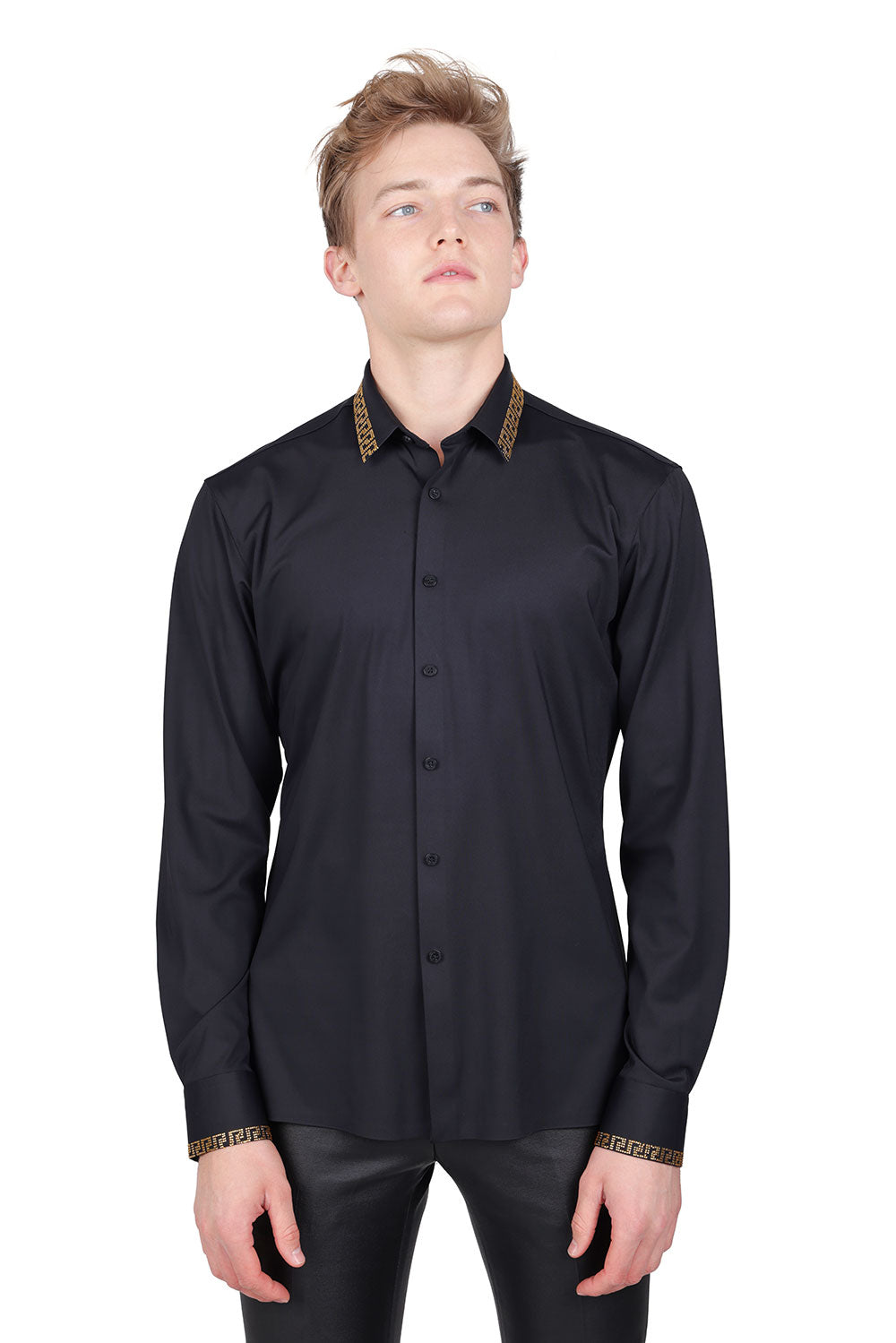 Barabas Men's Greek Key Baroque Button Down Long Sleeves Shirts BR100 Black Gold