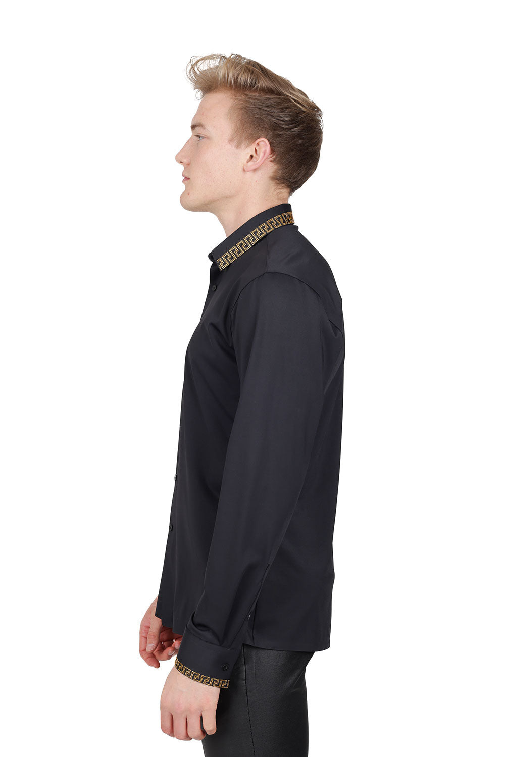 Barabas Men's Greek Key Baroque Button Down Long Sleeves Shirts BR100 Black Gold