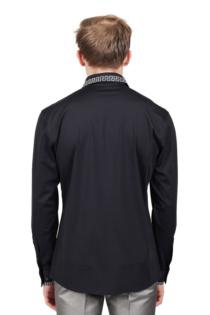 Barabas Men's Rhinestone Greek key Pattern Long Sleeves Shirts BR100 Black Silver