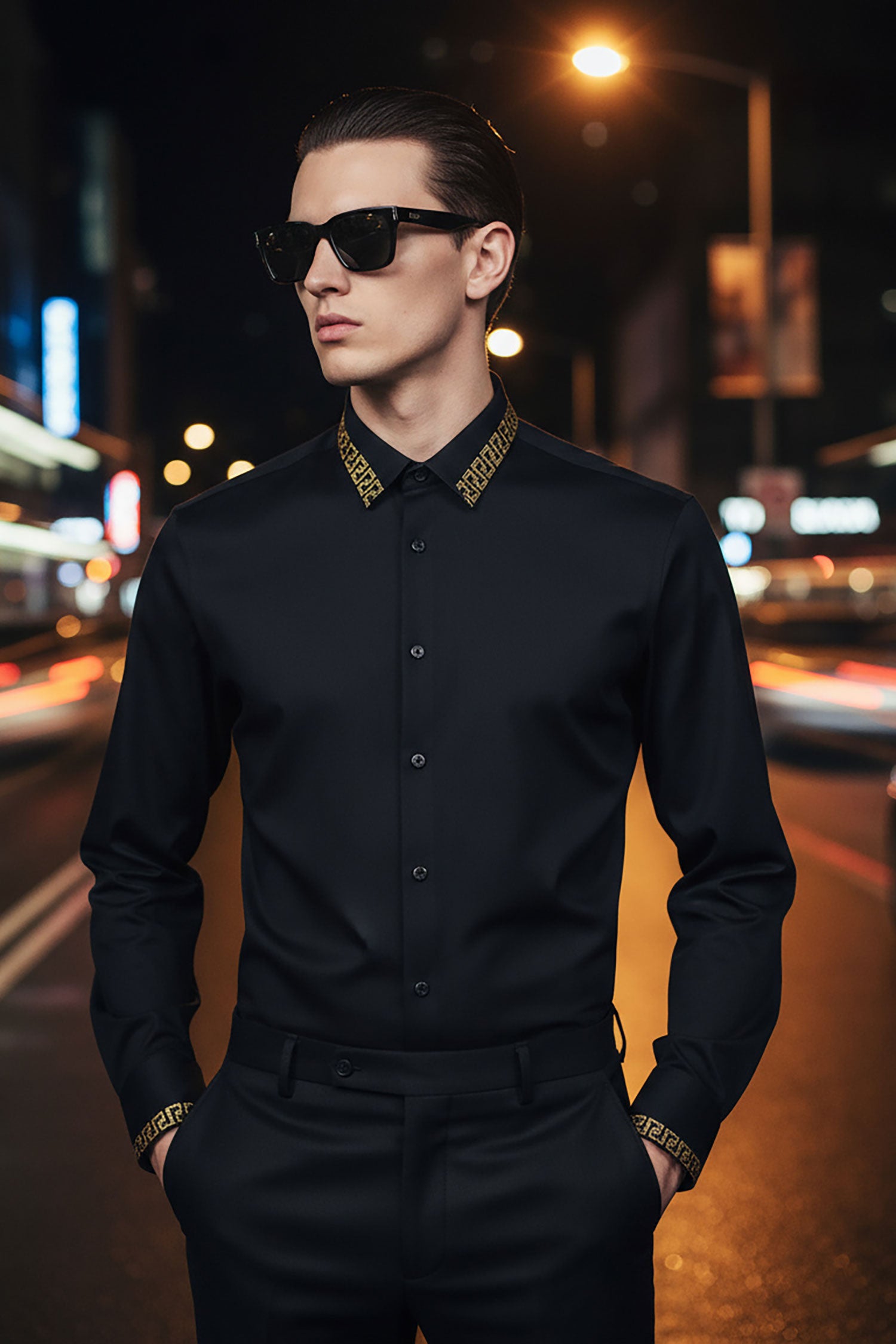Barabas Men's Greek Key Baroque Button Down Long Sleeves Shirts BR100 Black Gold