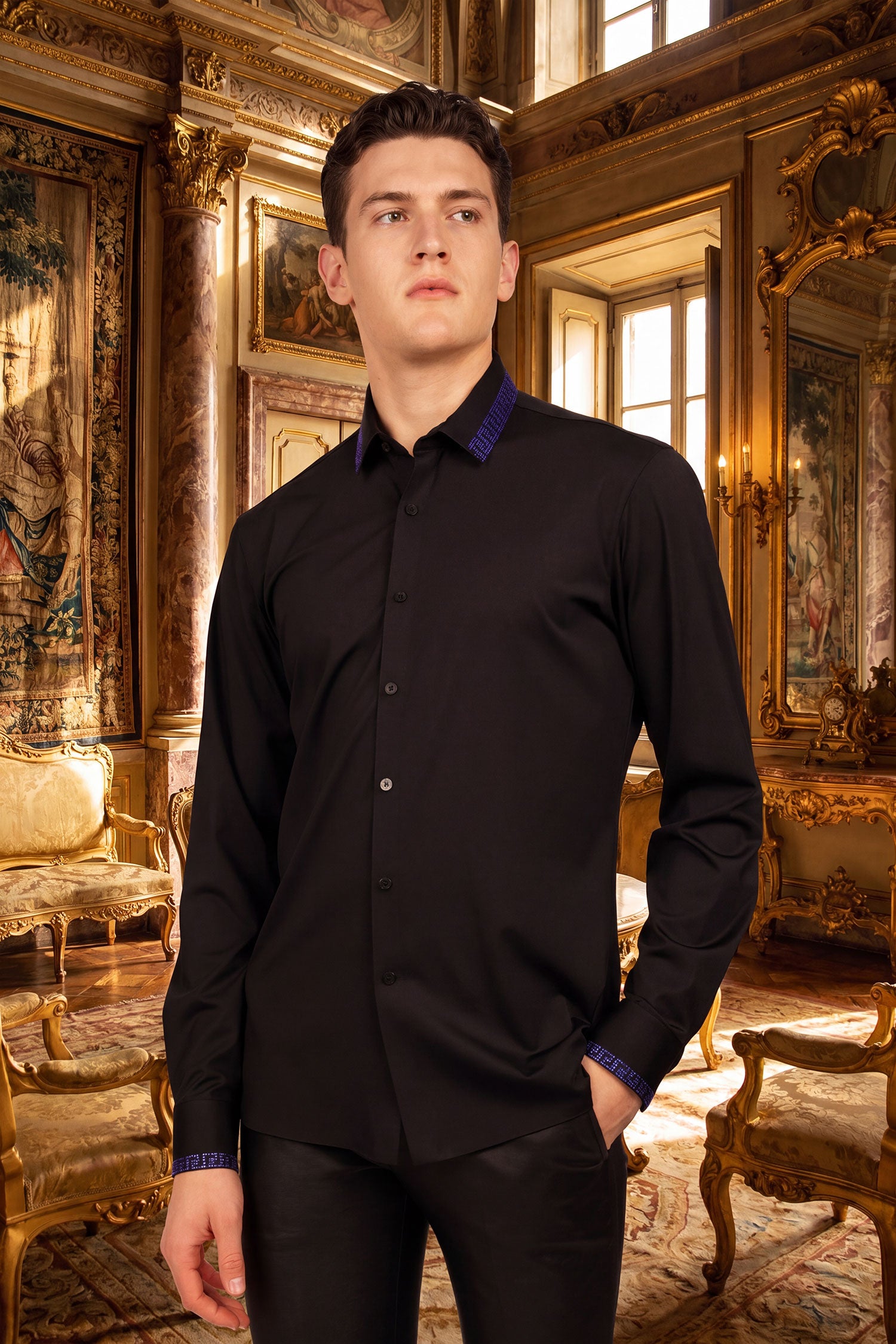 Barabas Men's Greek Key Baroque Button Down Long Sleeves Shirts BR100 Black Royal