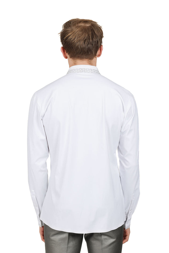 Barabas Men's Greek Key Baroque Button Down Long Sleeves Shirts BR100 White Silver