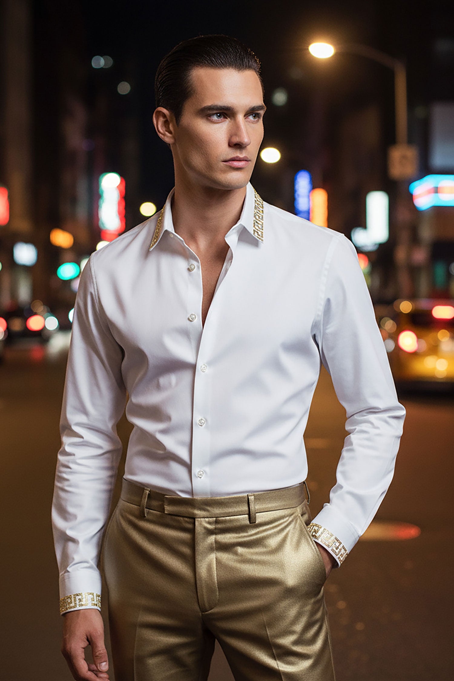 Barabas Men's Greek Key Baroque Button Down Long Sleeves Shirts BR100 White Gold
