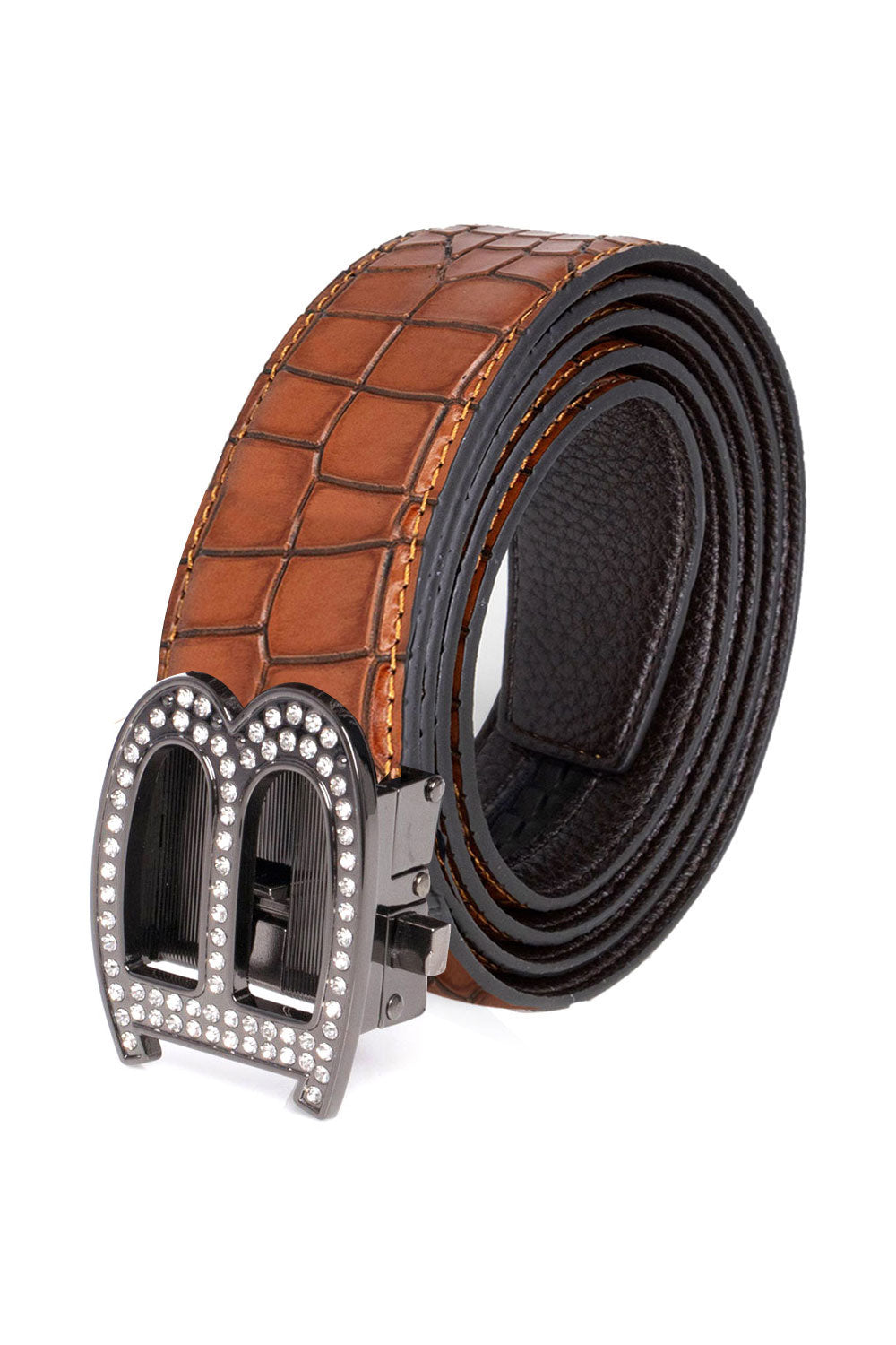 Barabas Men's Rhinestone B Letter Gold Buckle Leather Belt BK810