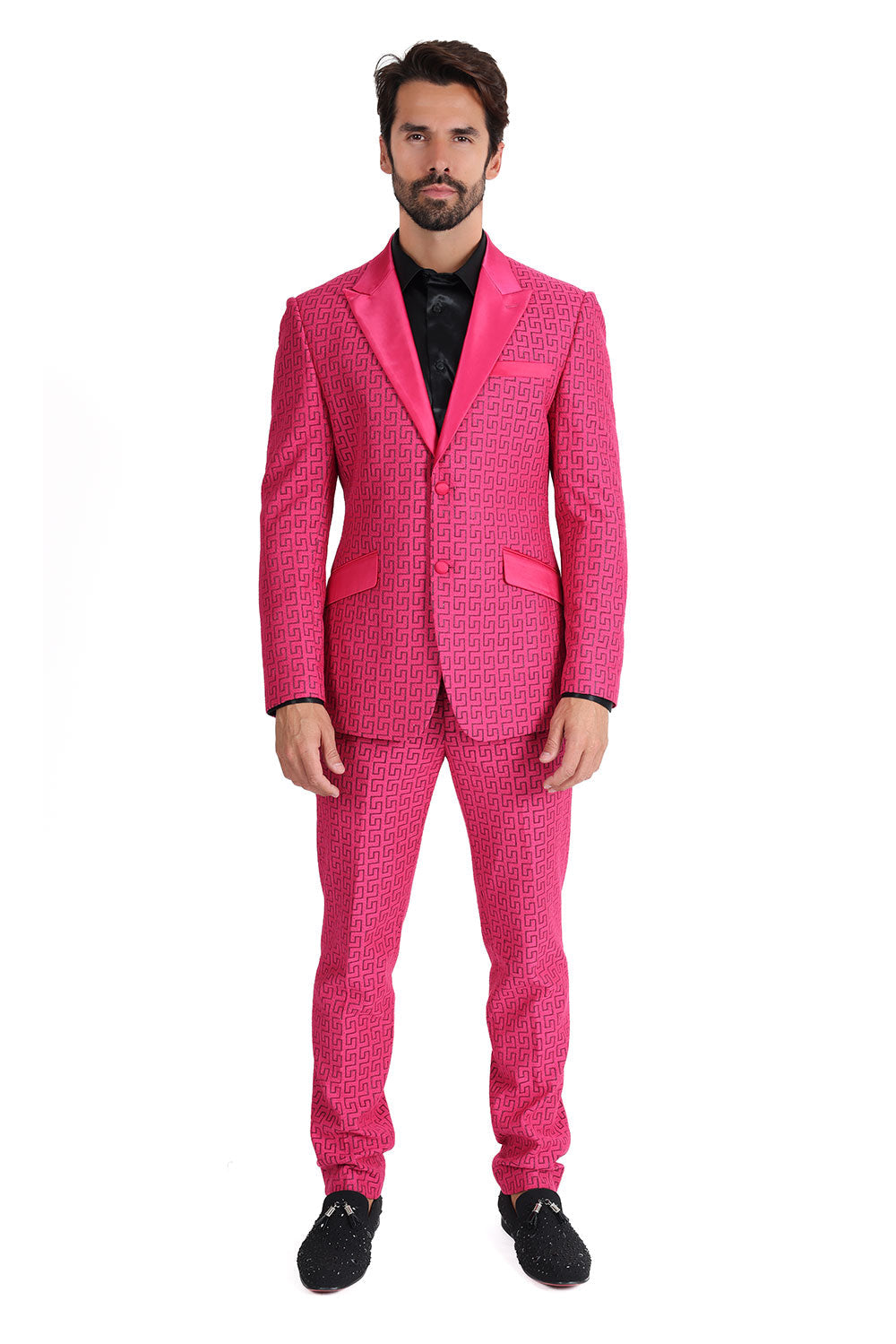 BARABAS Mens Rhinestone Greek key Pattern Design Luxury Blazer BL3087 Magenta