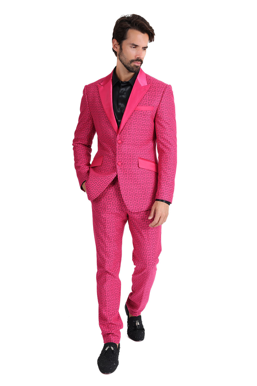 BARABAS Mens Rhinestone Greek key Pattern Design Luxury Blazer BL3087 Magenta