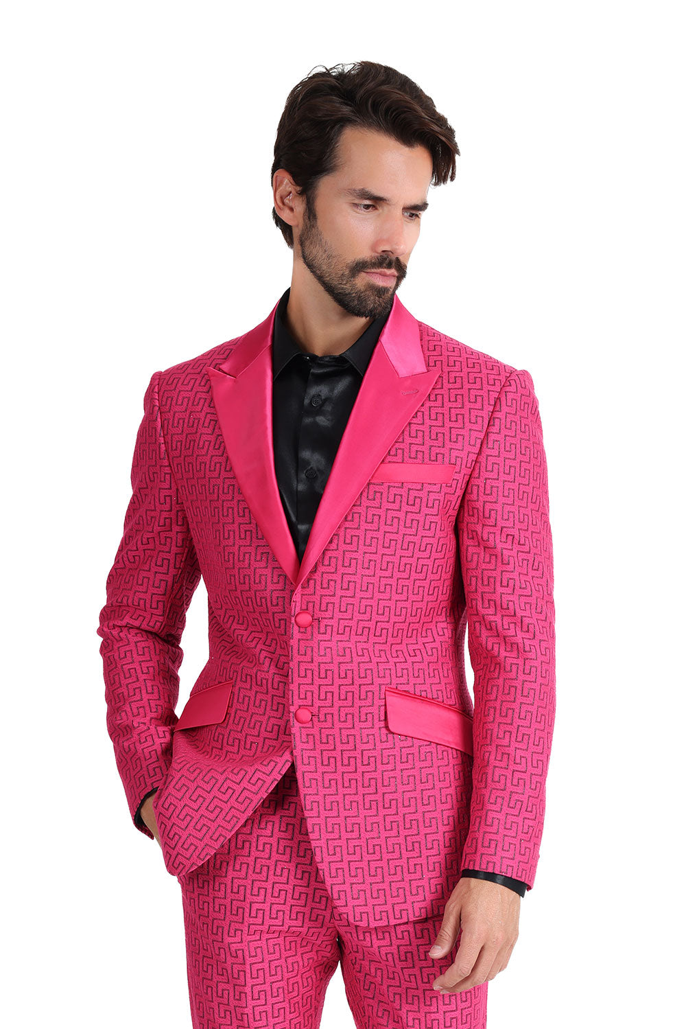 BARABAS Mens Rhinestone Greek key Pattern Design Luxury Blazer BL3087 Magenta