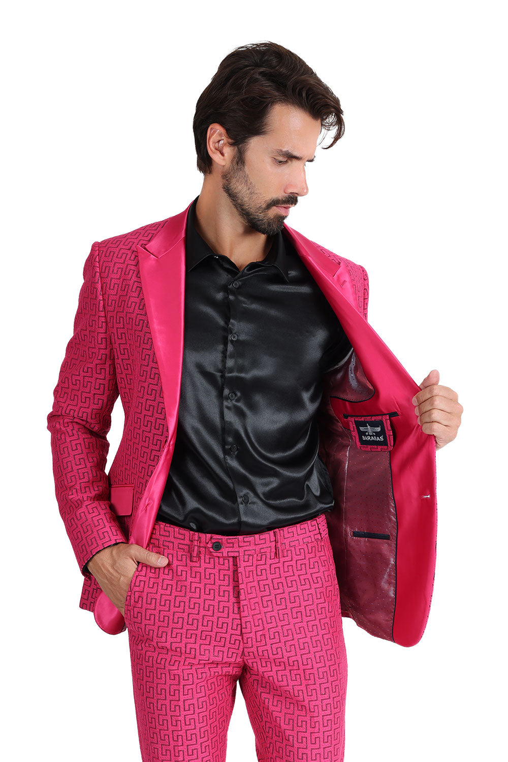 BARABAS Mens Rhinestone Greek key Pattern Design Luxury Blazer BL3087 Magenta