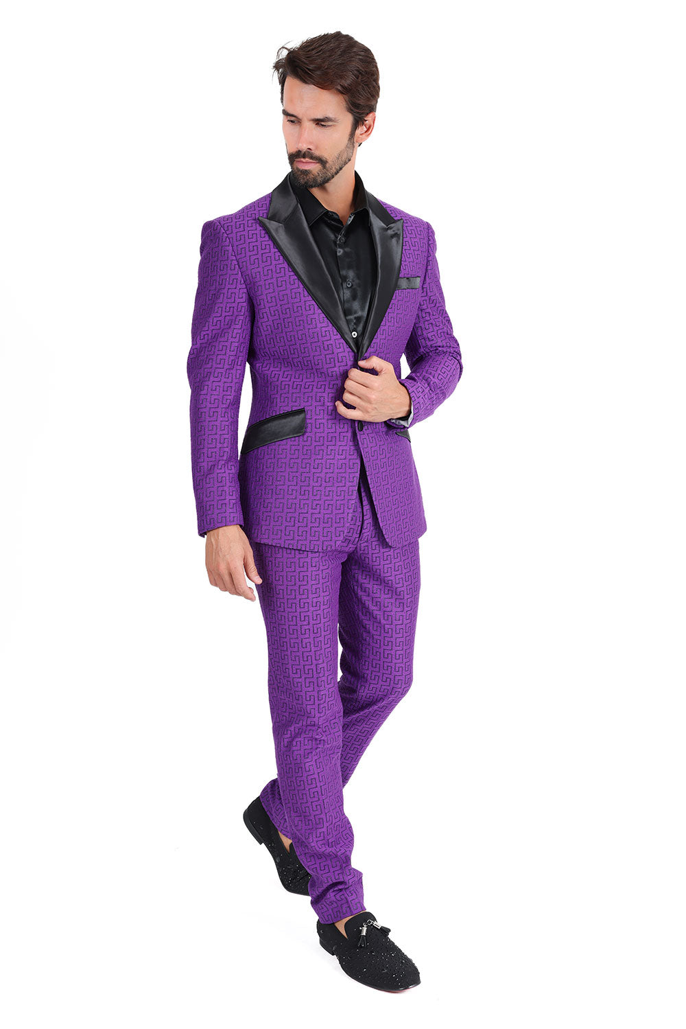 BARABAS Mens Rhinestone Greek key Pattern Design Luxury Blazer BL3087 Purple