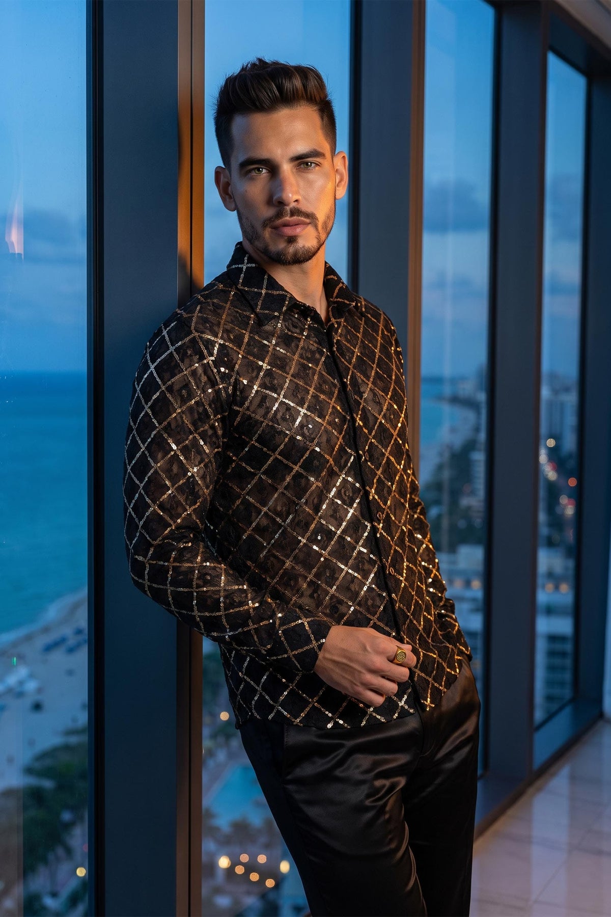 Men's See-Through Sequins Geometric Long-Sleeve Shirt BARABAS 6B07 #Color_Black Gold