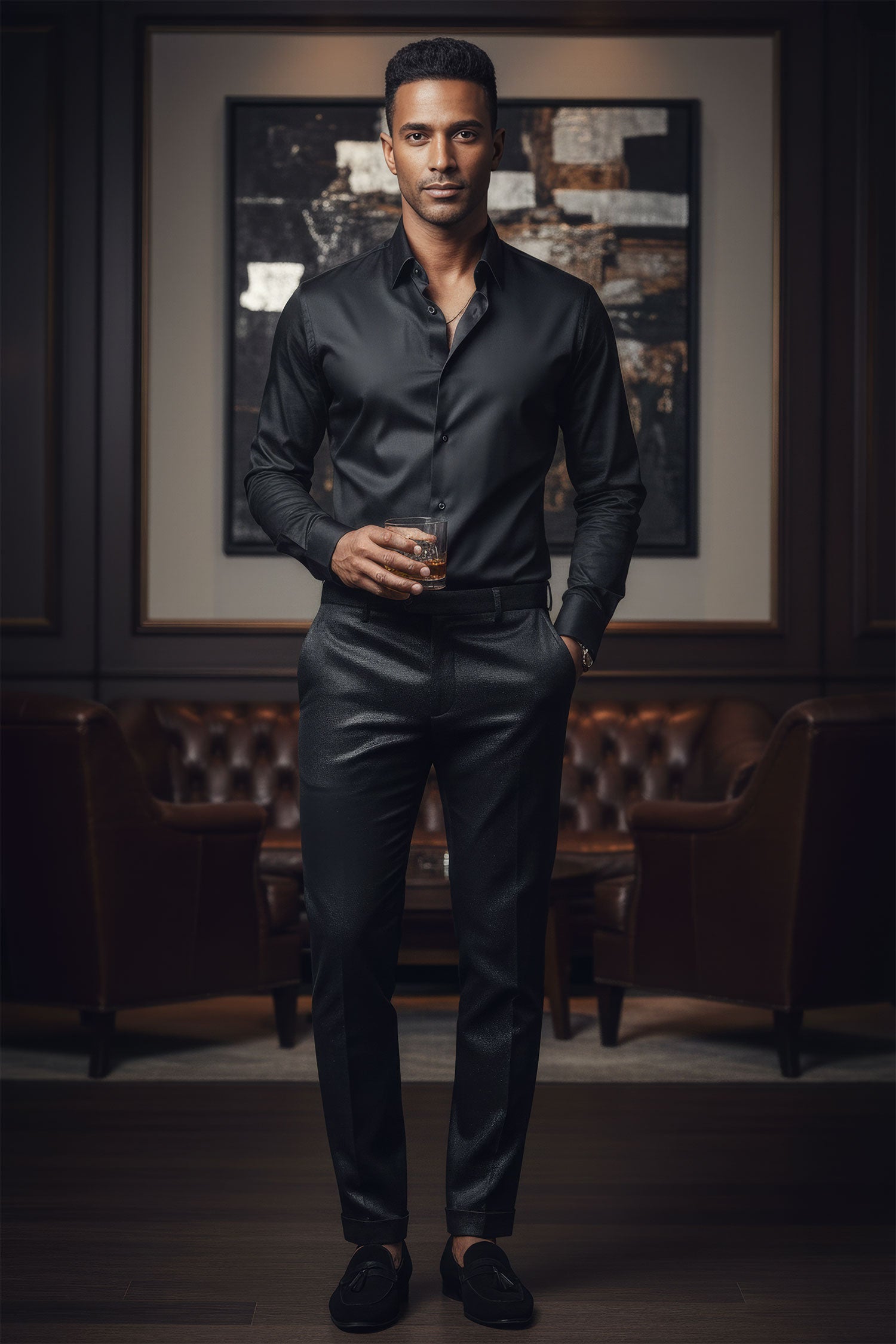 arabas Men's Shiny Leather Nylon Stretch Slim Fit Pants CP015 Black