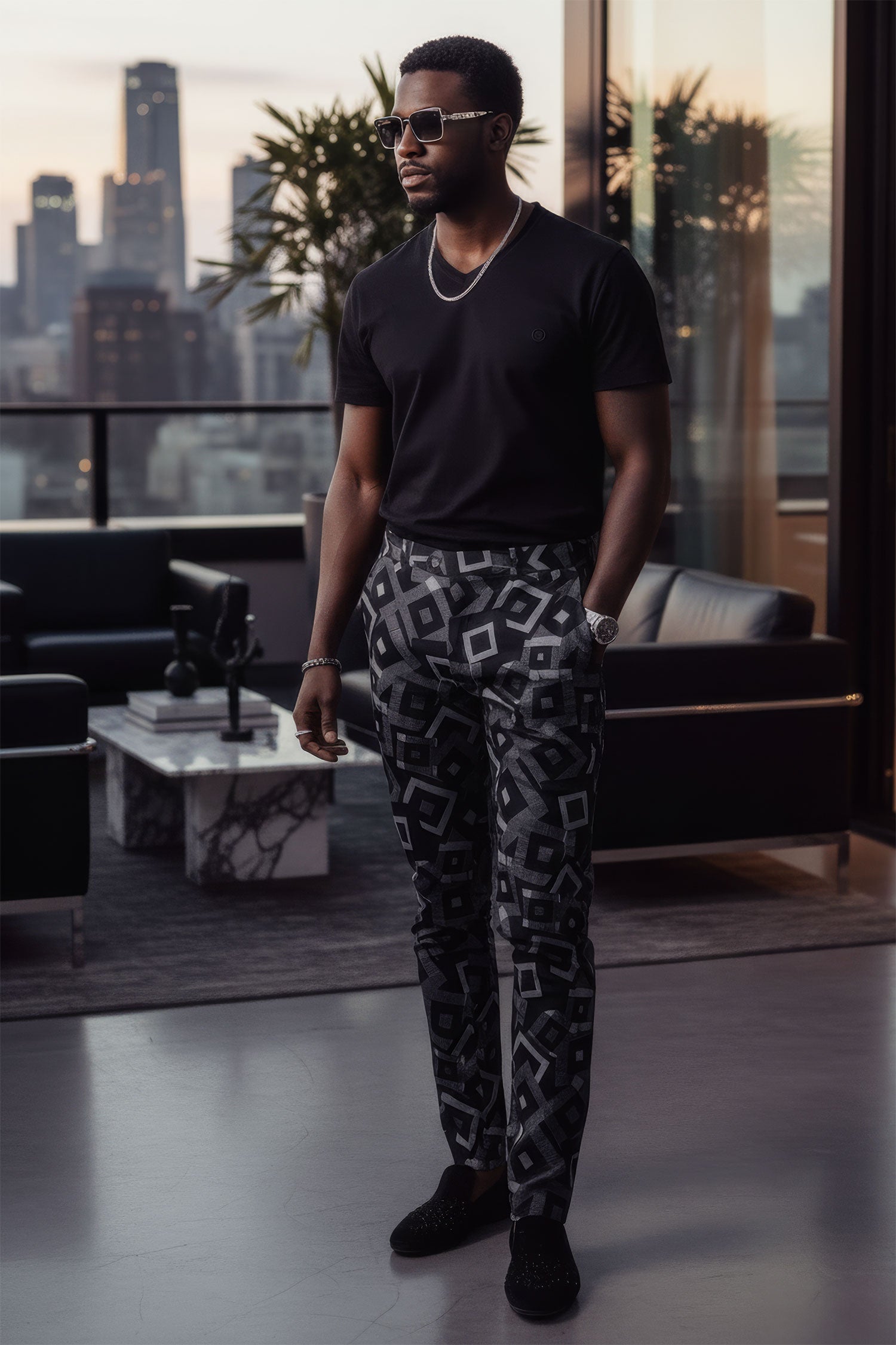 BARABAS men's cube prints checkered plaid navy black chino pants CP148 Black