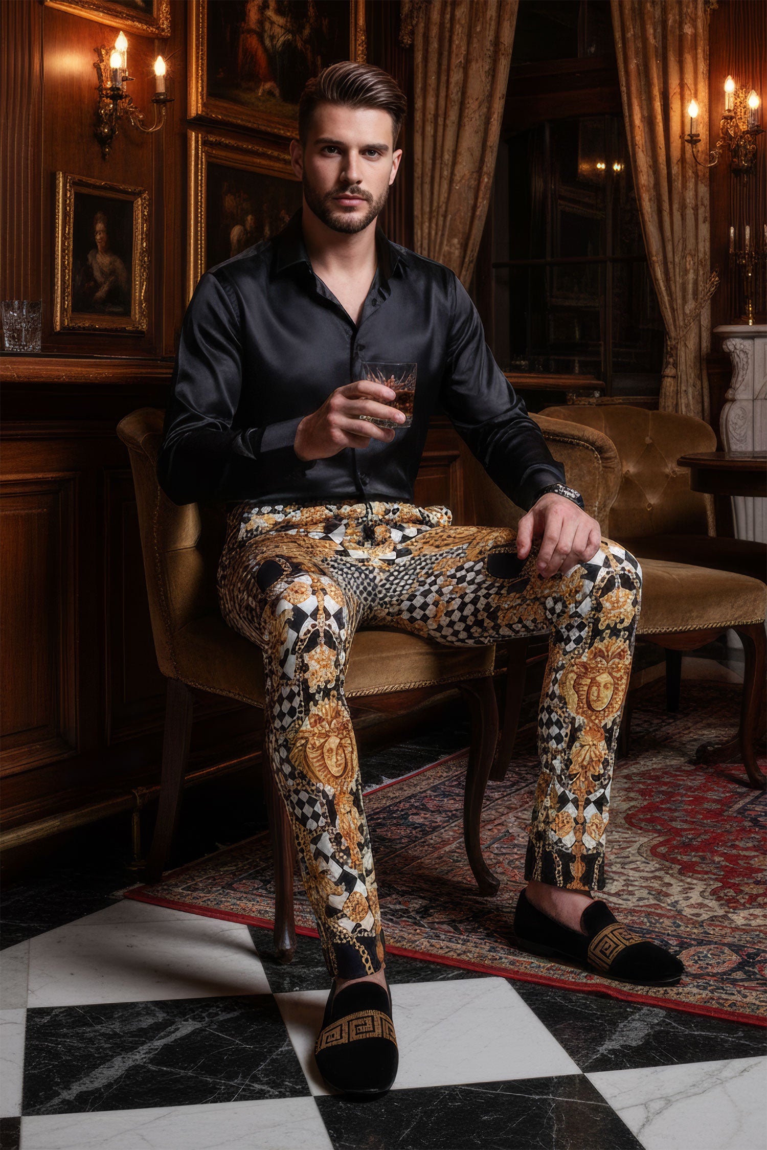 BARABAS Men's Printed Gold Chain Checkered Medusa Floral Pants CP178 Black Gold