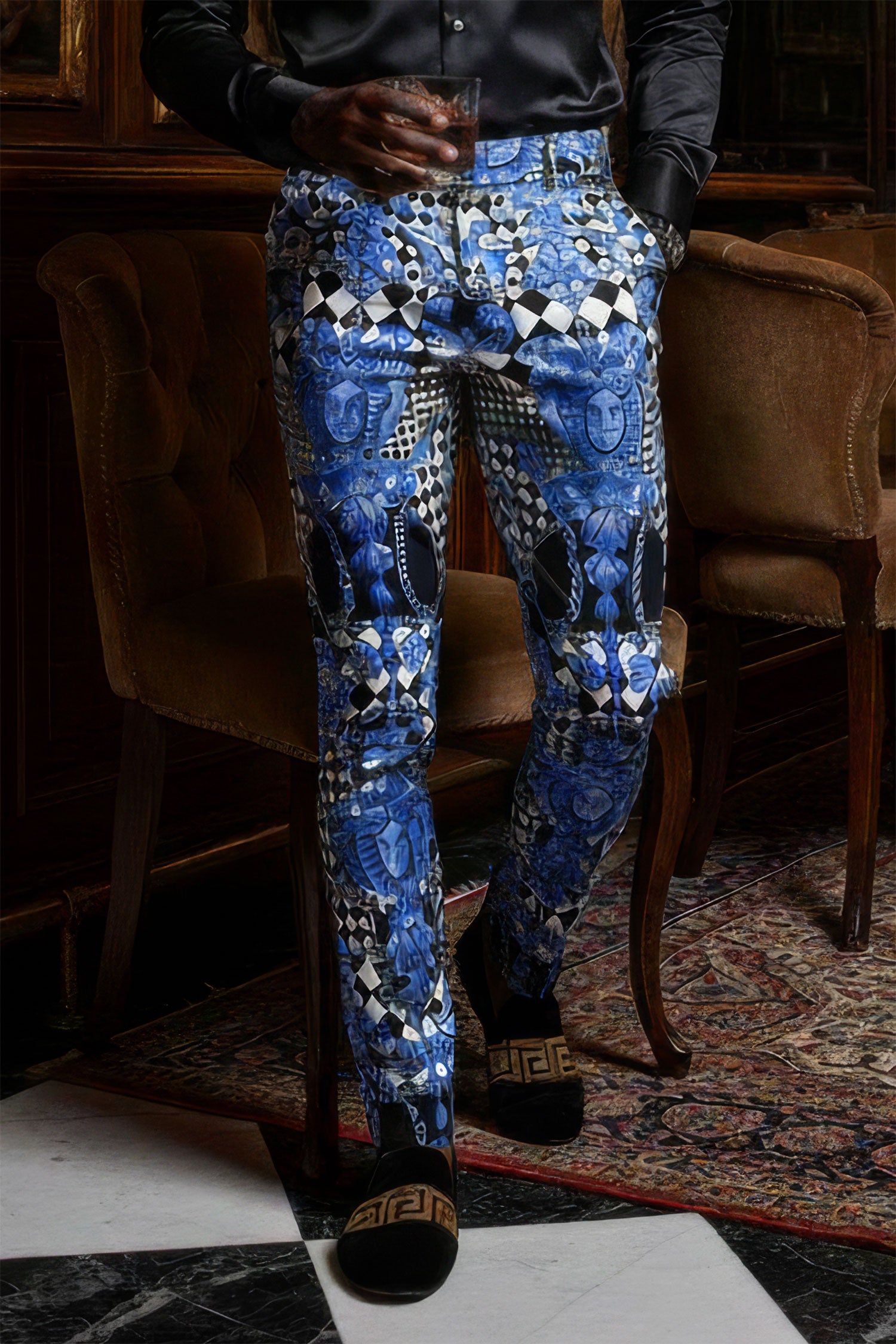 BARABAS Men's Printed Gold Chain Checkered Medusa Floral Pants CP178 Navy