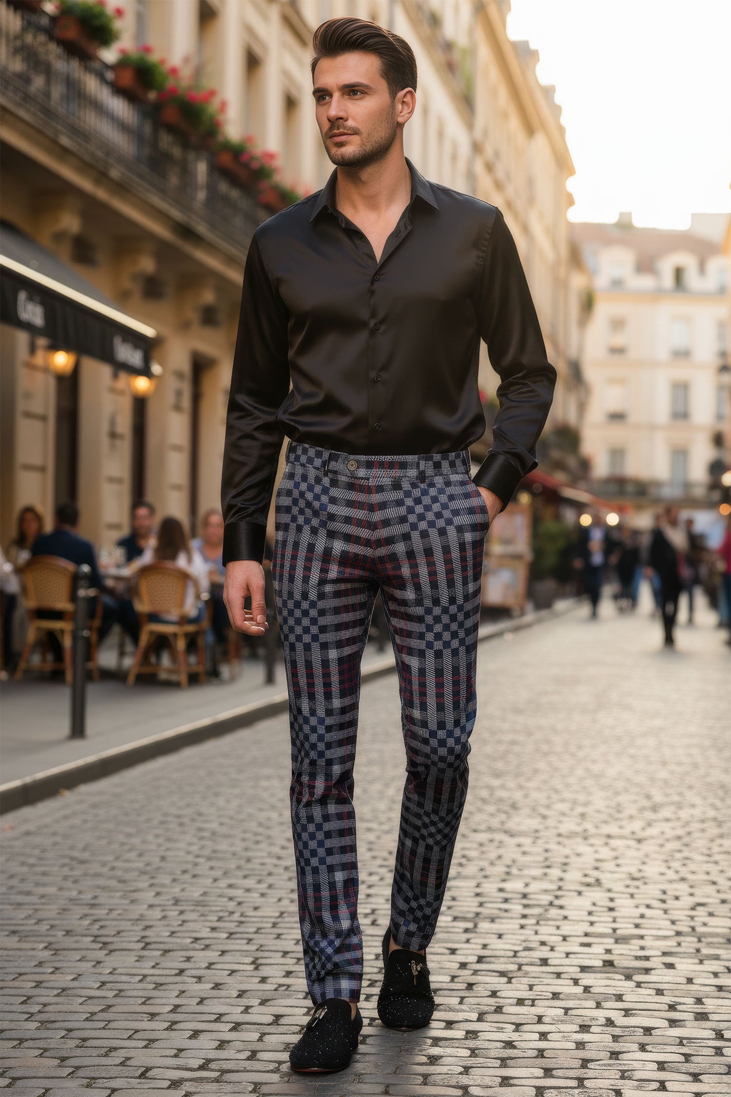 Barabas Men's Luxury Plaid Checkered Chino Dress Slim Pants CP201 Navy