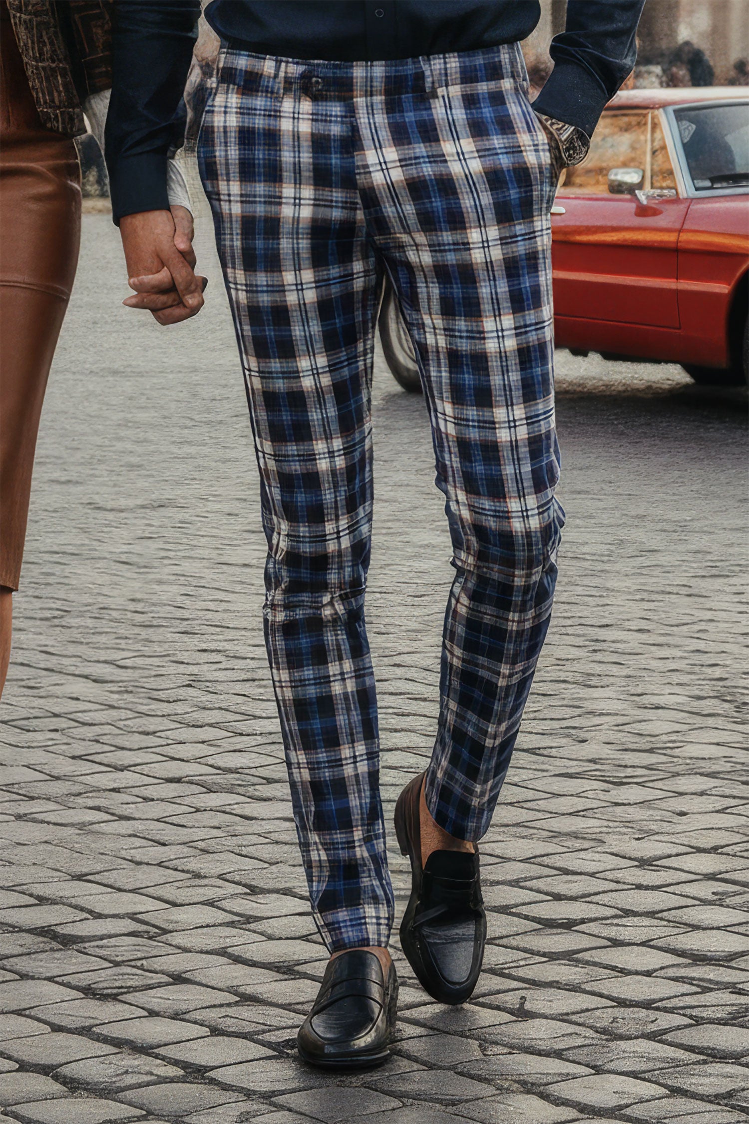 BARABAS men's checkered plaid blue white chino pants CP46