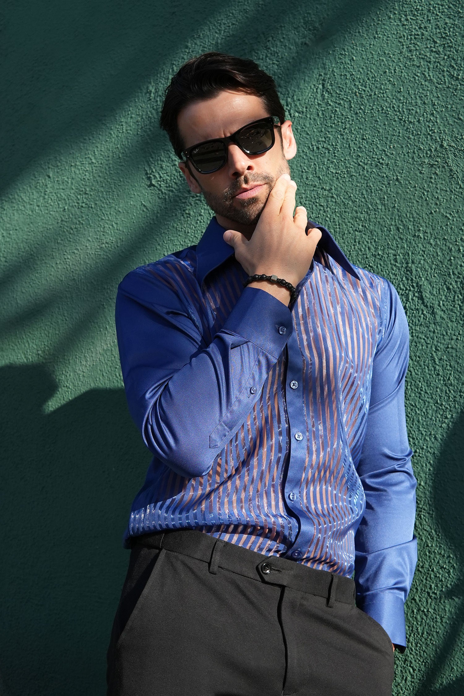Barabas Men's See Through Geometric Shiny Long Sleeve Shirts 5B01 Blue