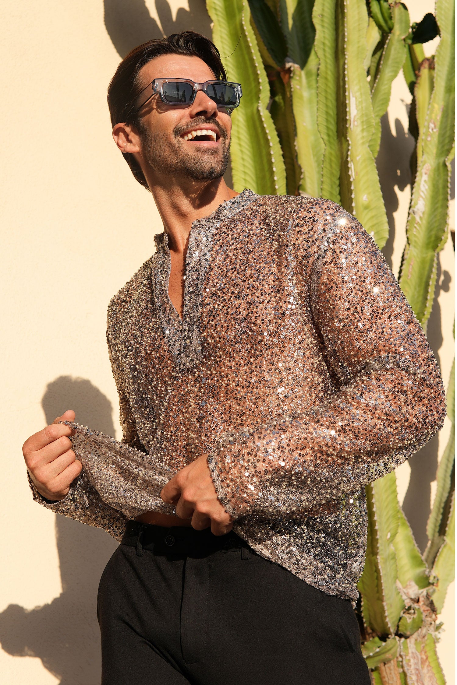 Barabas Men's See Through Sequins V-Neck Long Sleeve Shirts 5PST01 Beige