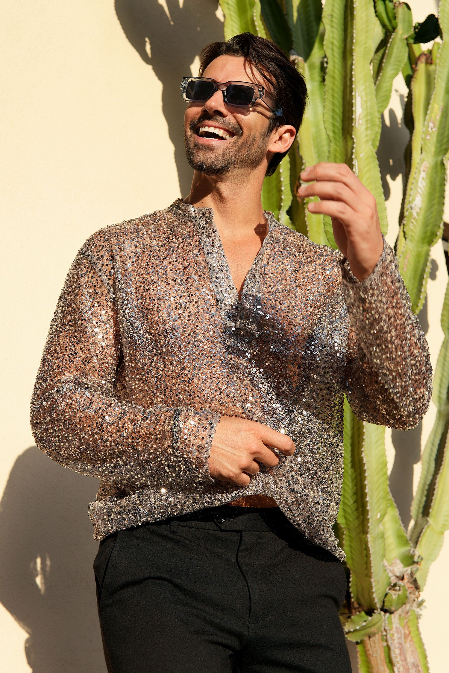 Barabas Men's See Through Sequins V-Neck Long Sleeve Shirts 5PST01 Beige