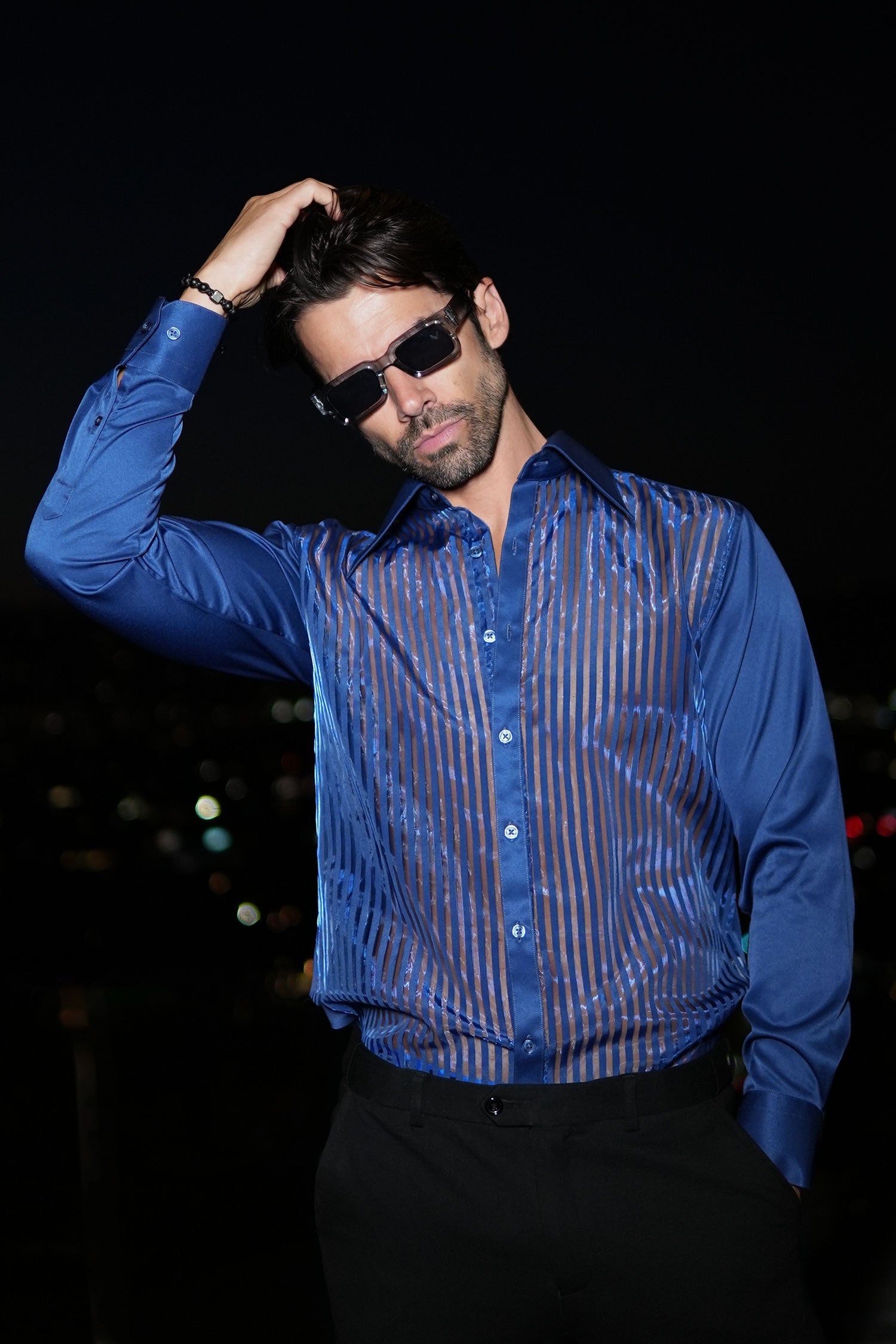 Barabas Men's See Through Geometric Shiny Long Sleeve Shirts 5B01 Blue
