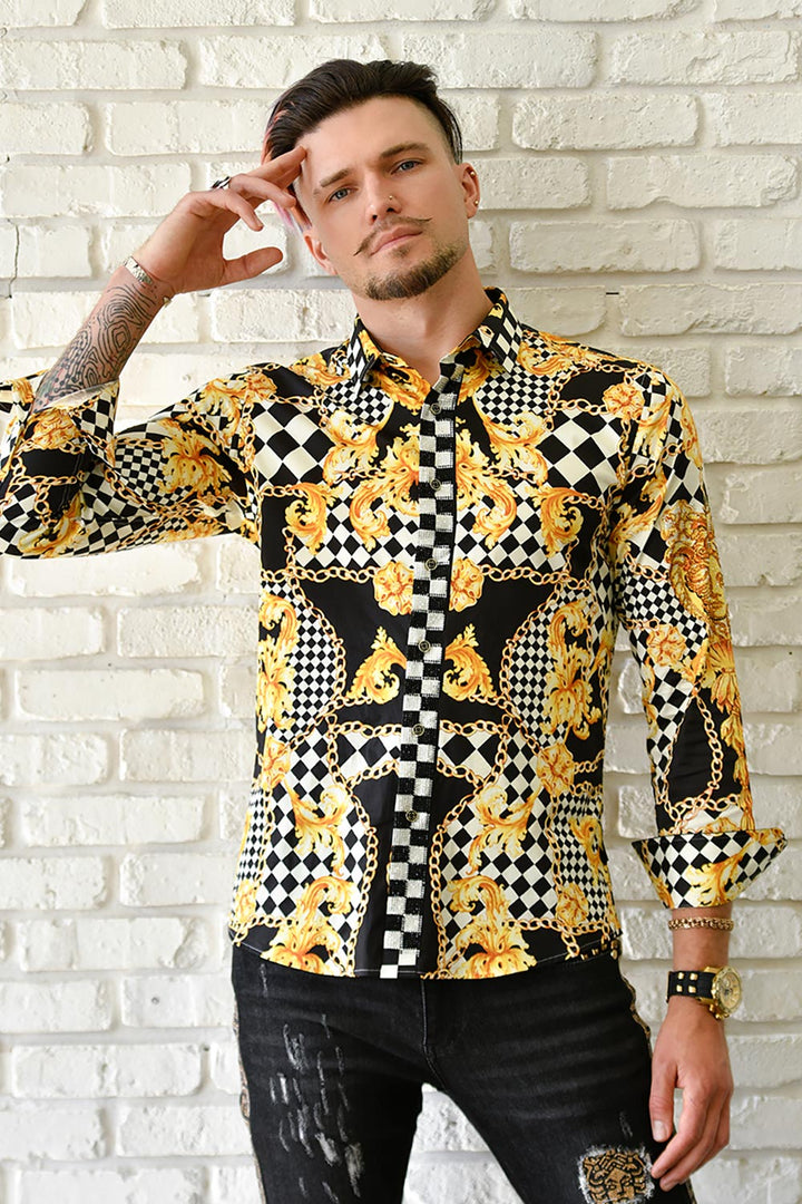 BARABAS Men's Medusa Floral Checkered Baroque Button Down Shirt SP02