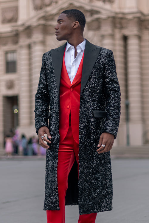 Men’s Black Sequin Long Coat with Satin Shawl Lapel – Luxury Statement Evening Overcoat