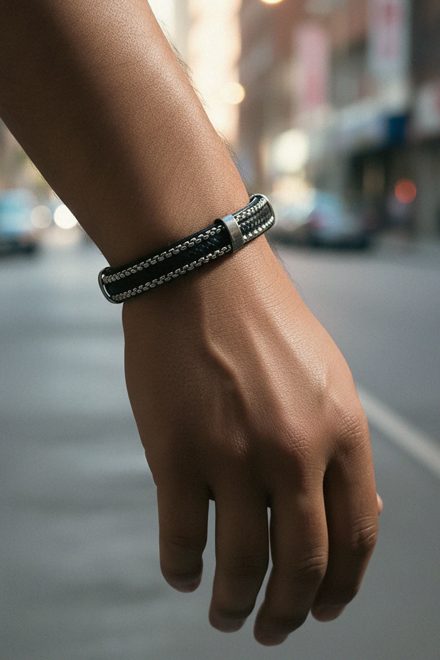 Barabas Unisex Braided Leather and Stones Bangle Bracelets 4BMS02 Black Silver