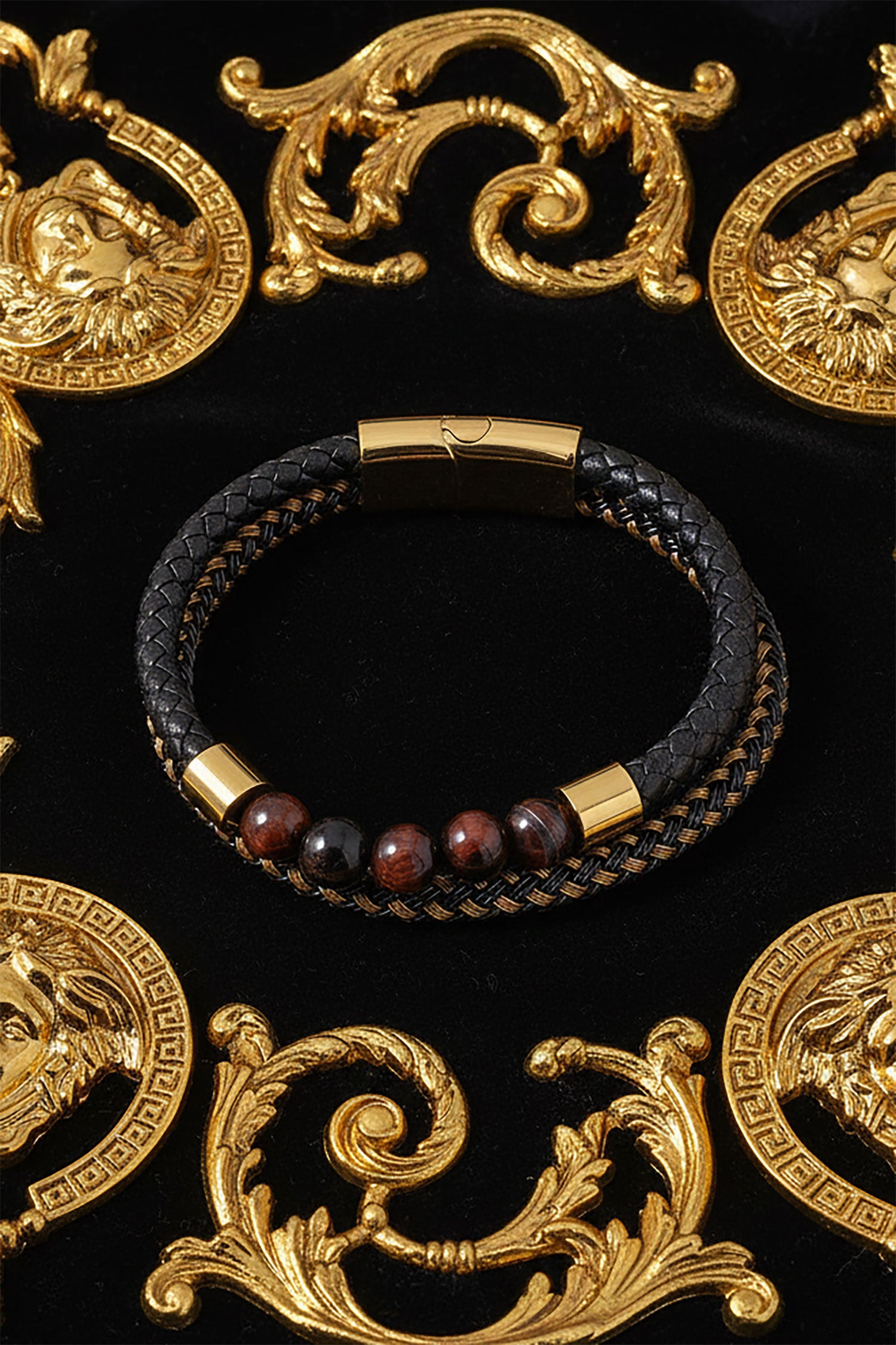 Barabas Unisex Obsidian Stone Braided Leather Bangle Bracelets 4BMS04 Gold Black