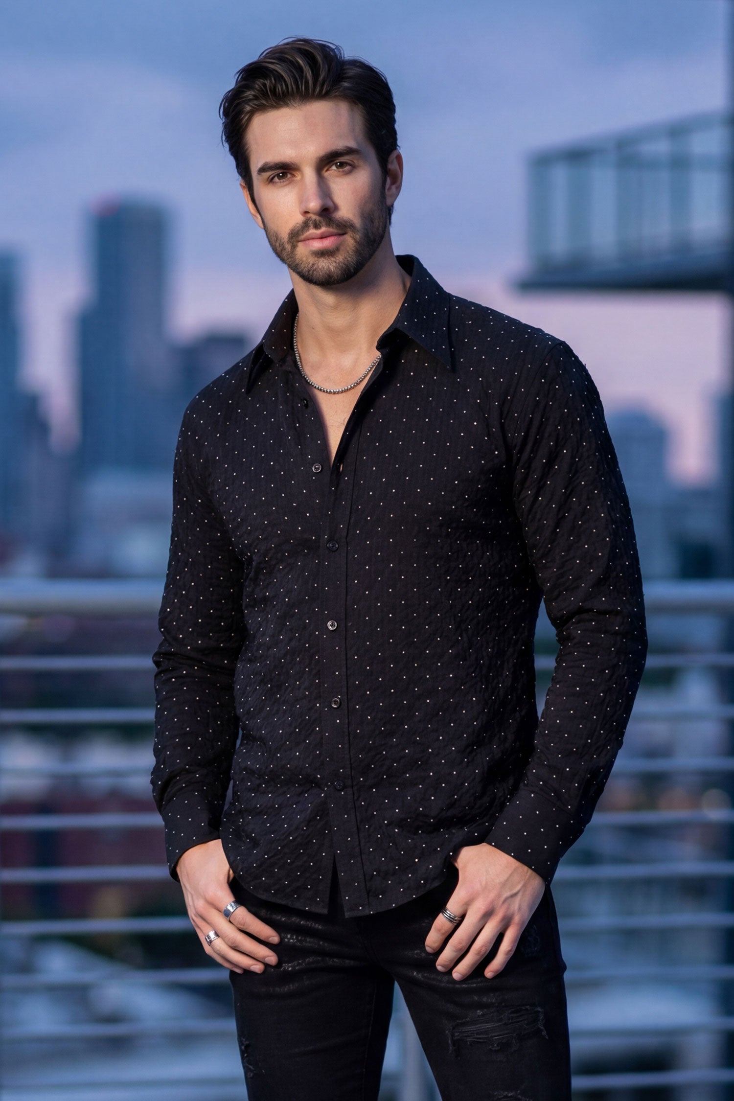 Barabas Men's Rhinestones Button Down Long Sleeve Shirts 4BR58 Black