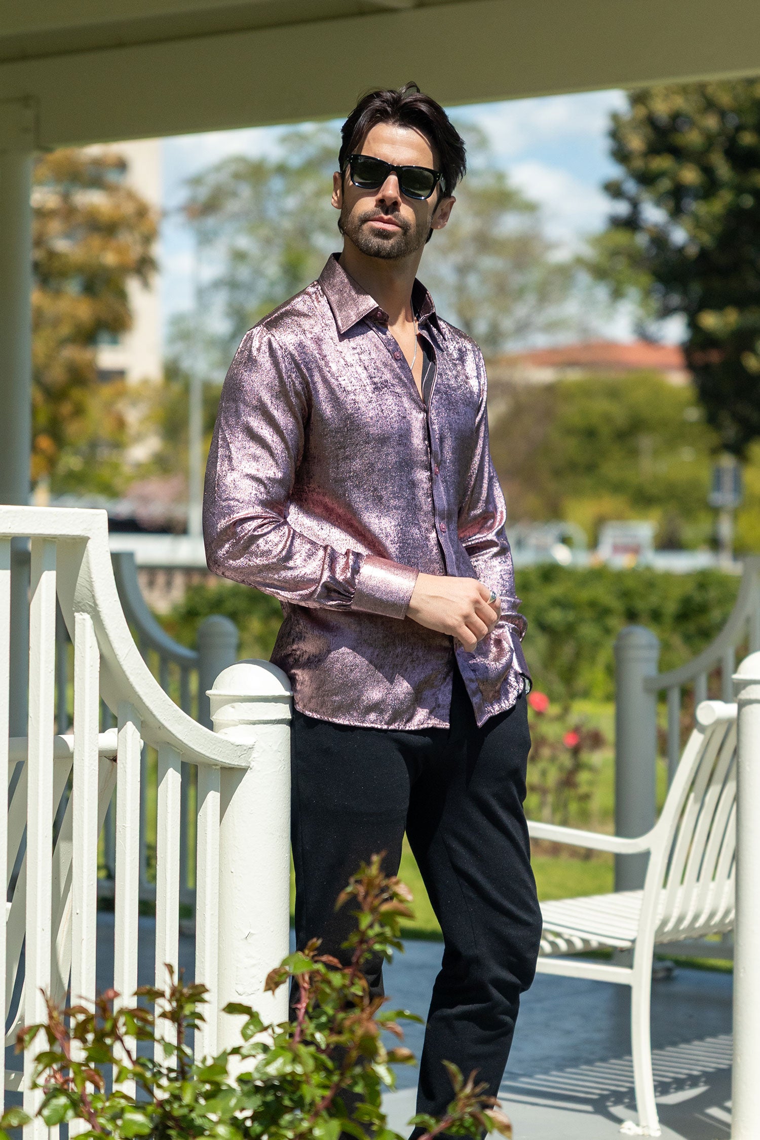BARABAS Men's Metallic Shiny Button Down Long Sleeve Shirt 4B32 Bronze