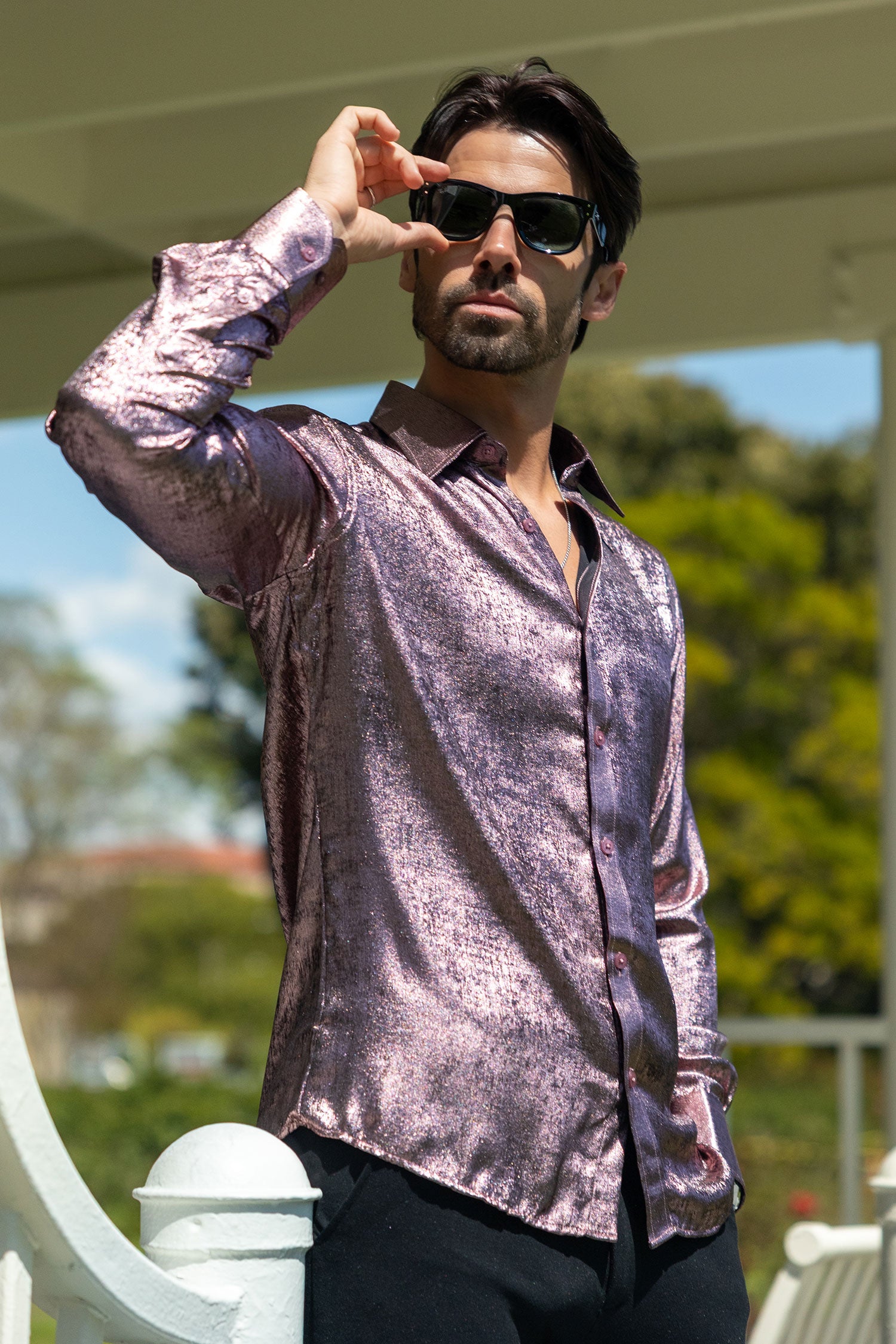 BARABAS Men's Metallic Shiny Button Down Long Sleeve Shirt 4B32 Bronze