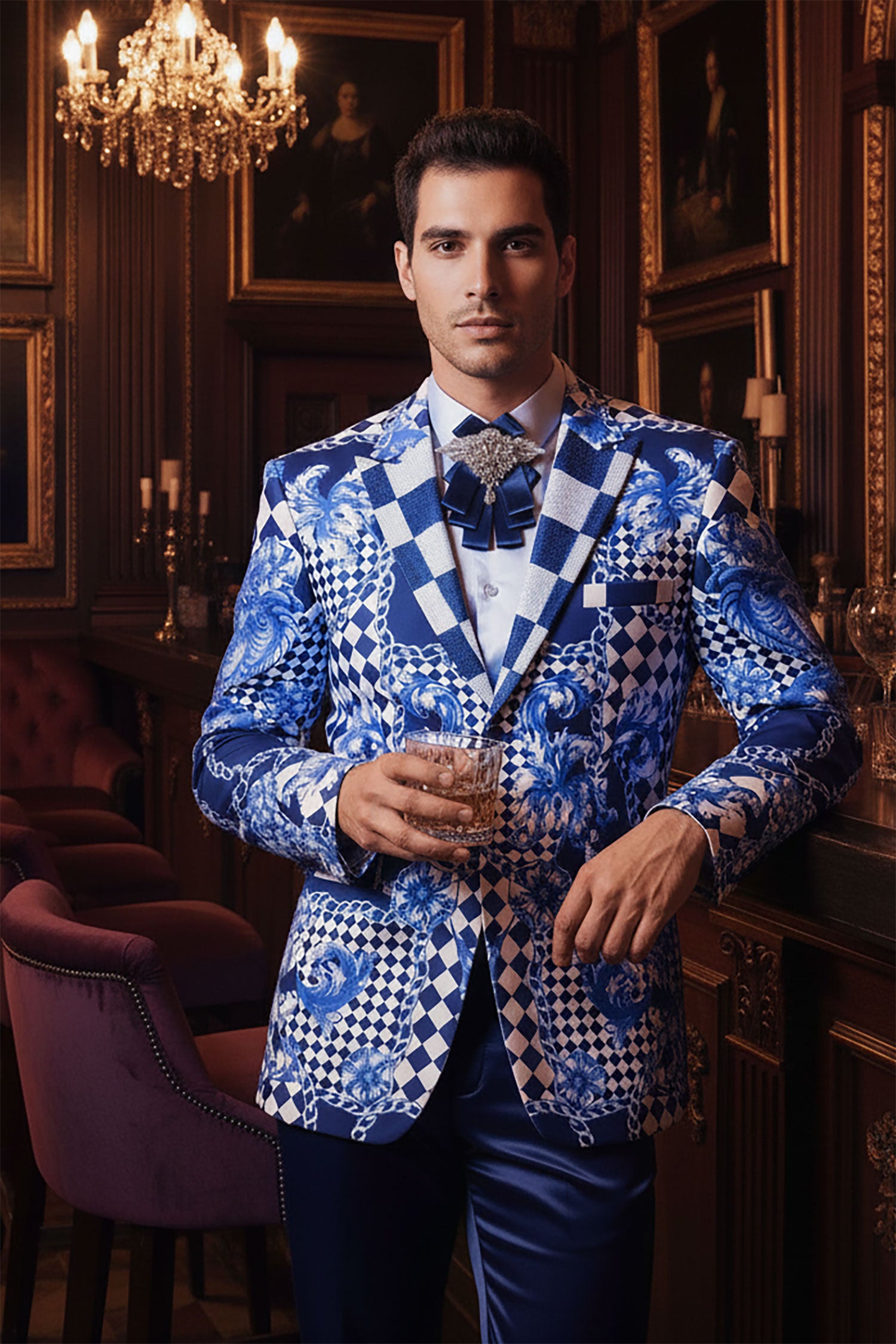 Barabas Men's Rhinestone Checkered Medusa Notch Lapel Blazer JSP200 Black