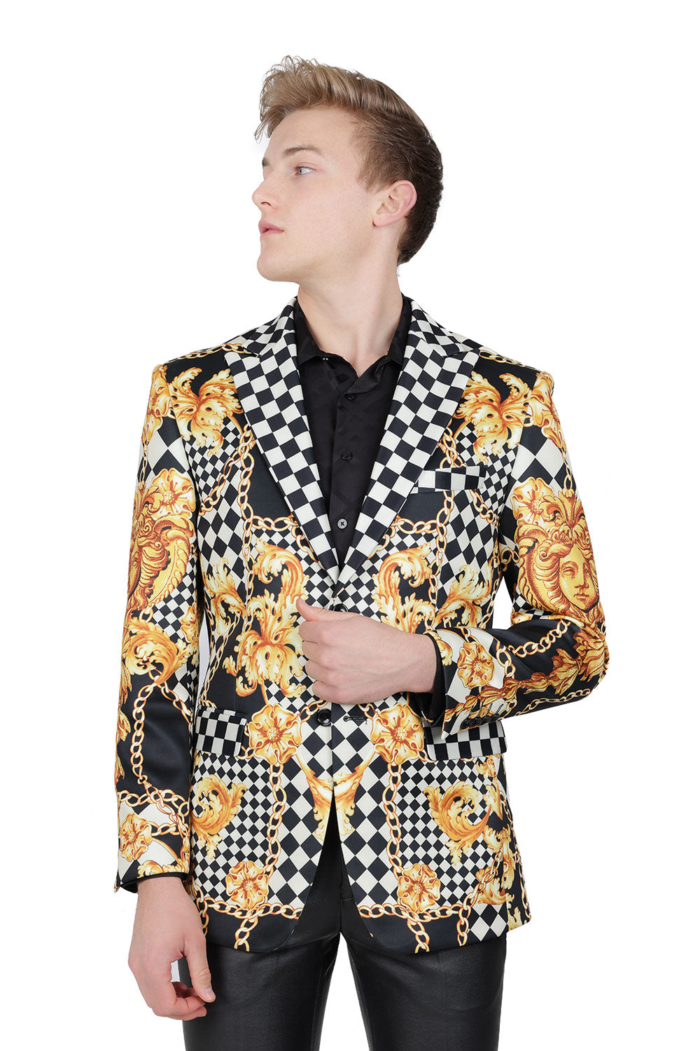 Barabas Men's Rhinestone Checkered Medusa Notch Lapel Blazer JSP200 Black